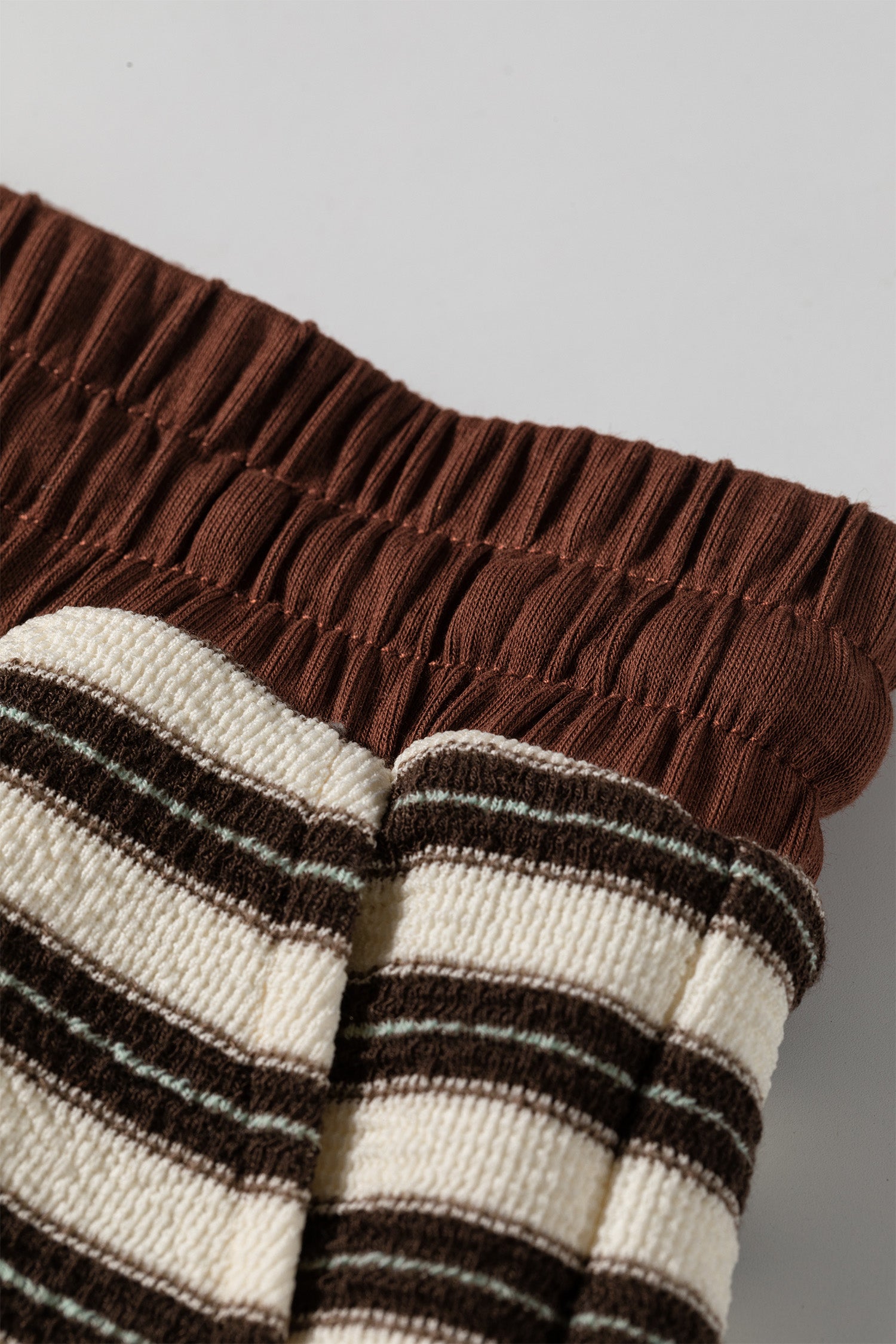 Contrast Trim Button Neck Long Sleeve Top Drawstring Mini Skirt Set – Brown Stripe