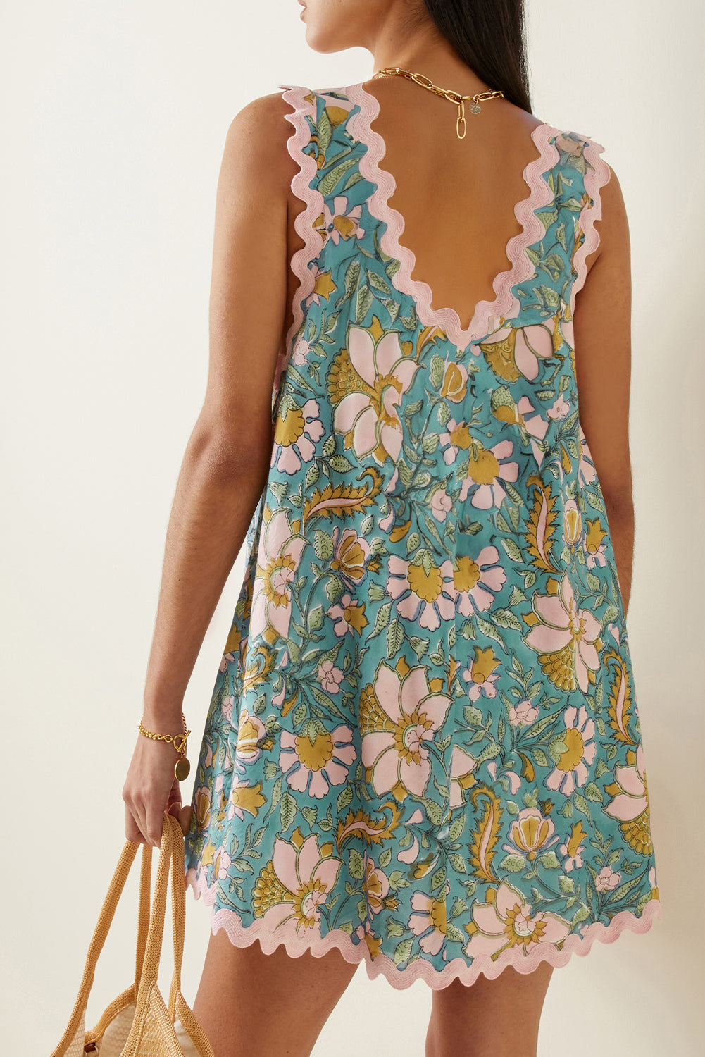 Sky Blue Floral Ricrac Trim V Neck Shift Mini Tank Dress eAura