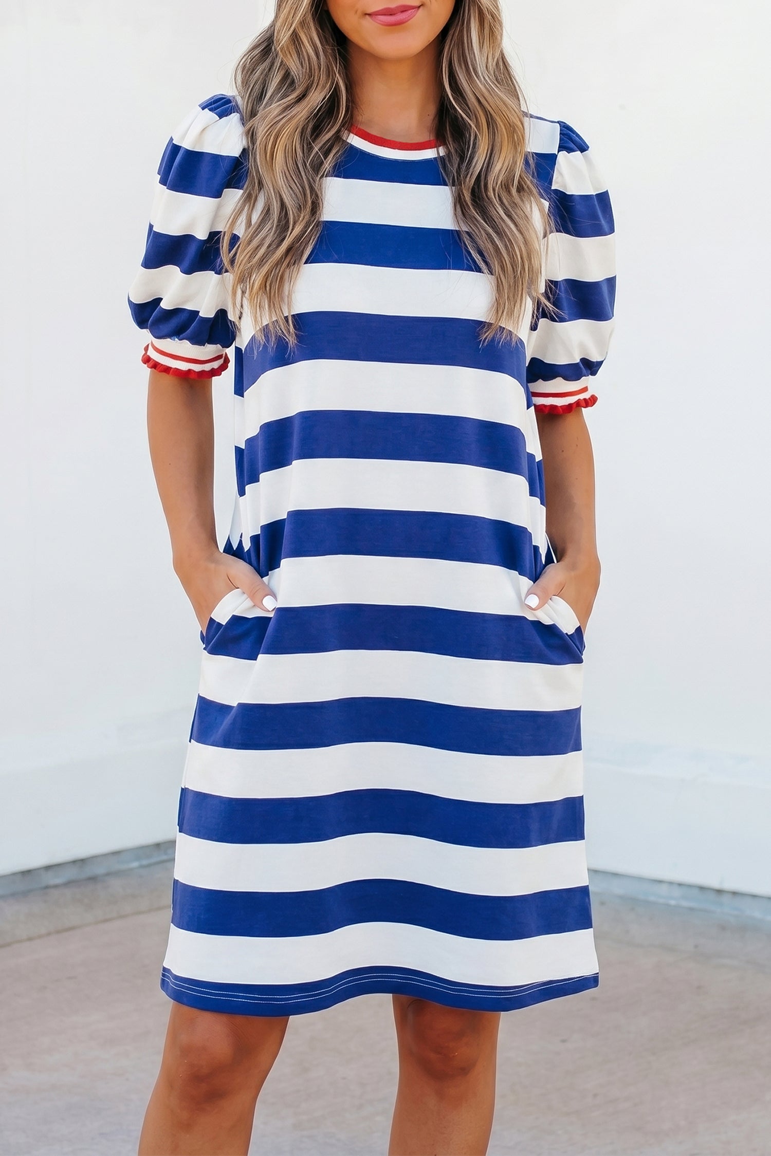 Stripe Contrast Trim Round Neck Short Puff Sleeve Shift Mini Dress