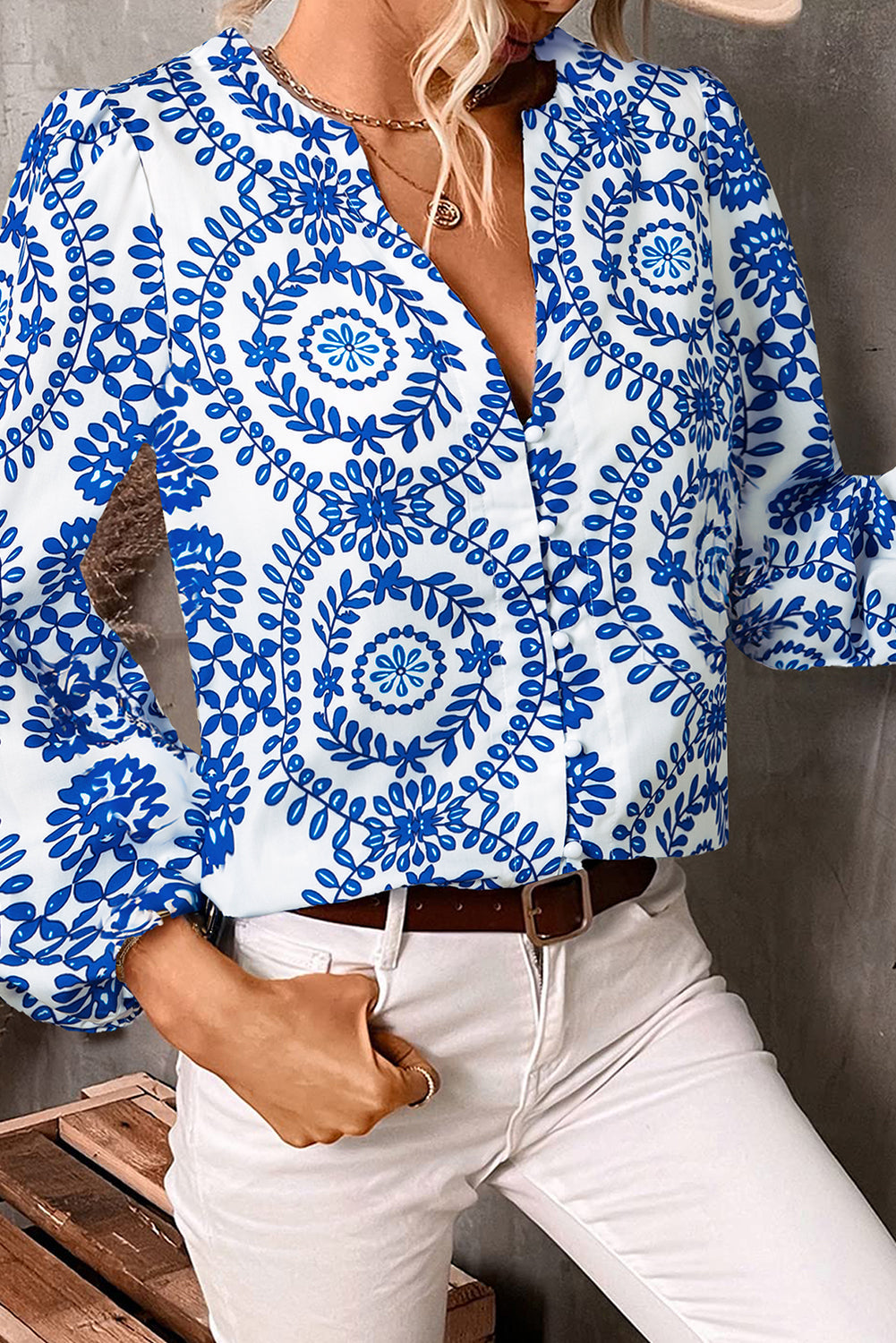 Sky Blue Vintage Geometric Printed Puff Sleeve Slit V Neck Shirt eAura