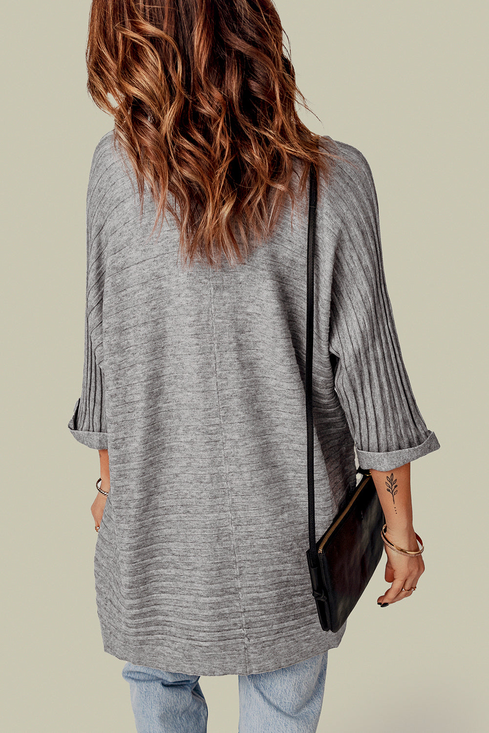 Grey Ribbed Open Front Knit Cardigan eAura