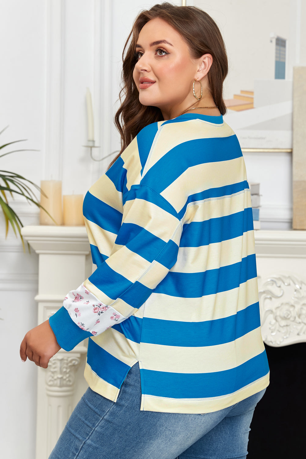 Blue Stripe Floral Color Block Drop Shoulder Plus Size Pullover Top - Size/Plus Sweatshirts & Hoodies
