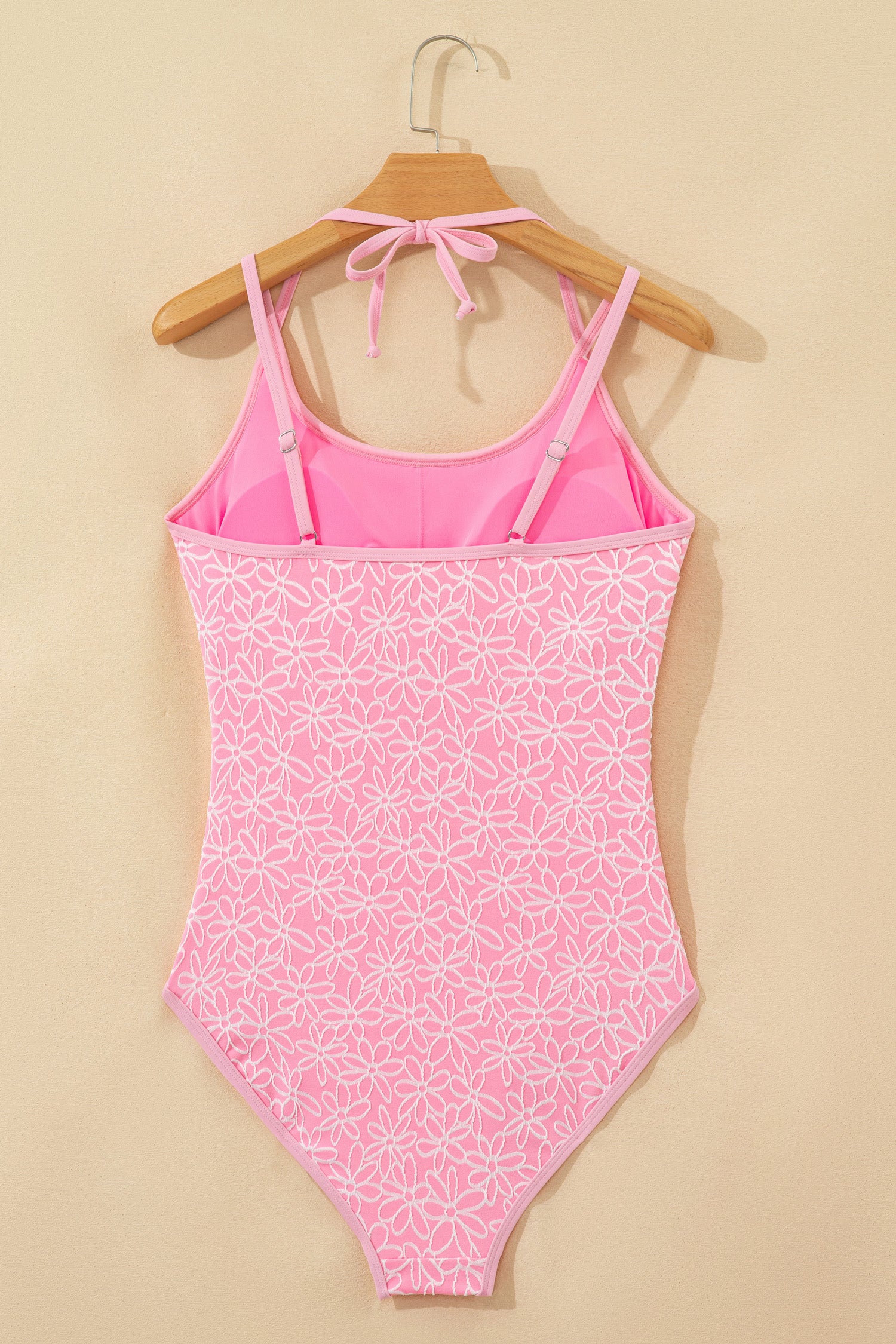 Corded Flower Texture Halterneck Spaghetti Strap One-Piece Swimsuit