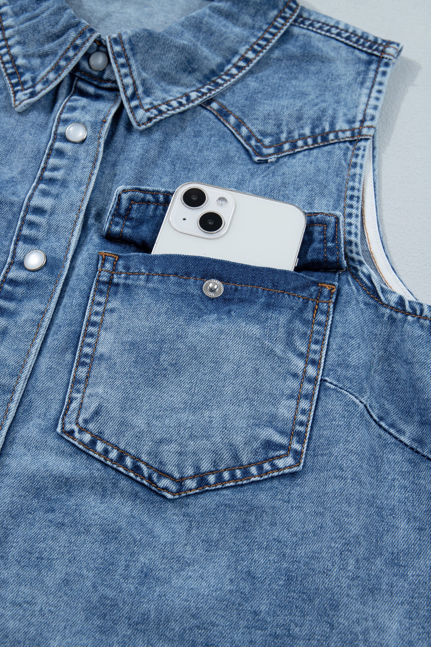 Buttoned Front Collared Denim Sleeveless Top