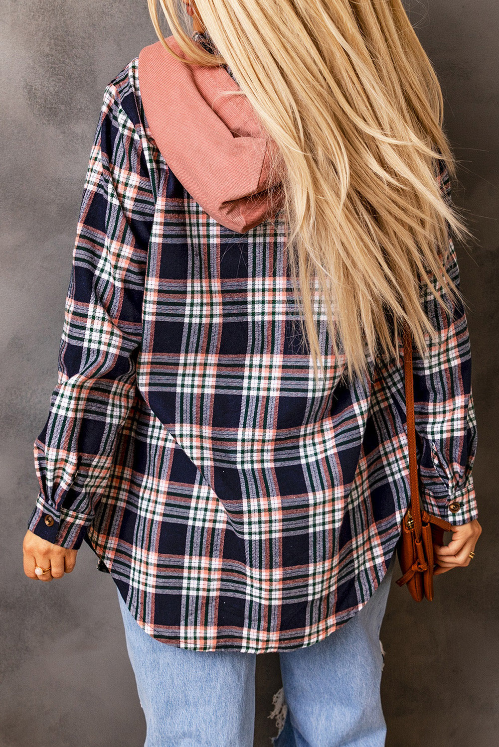 Pink Contrast Hooded Drawstring Plaid Shacket eAura