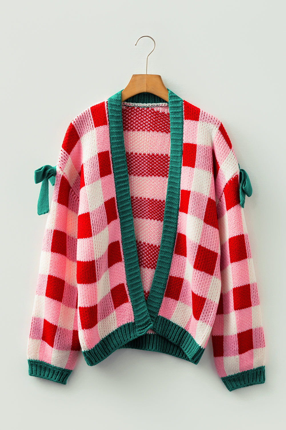 Plaid Knit Bow Knot Decor Open Front Sweater Cardigan - eAura