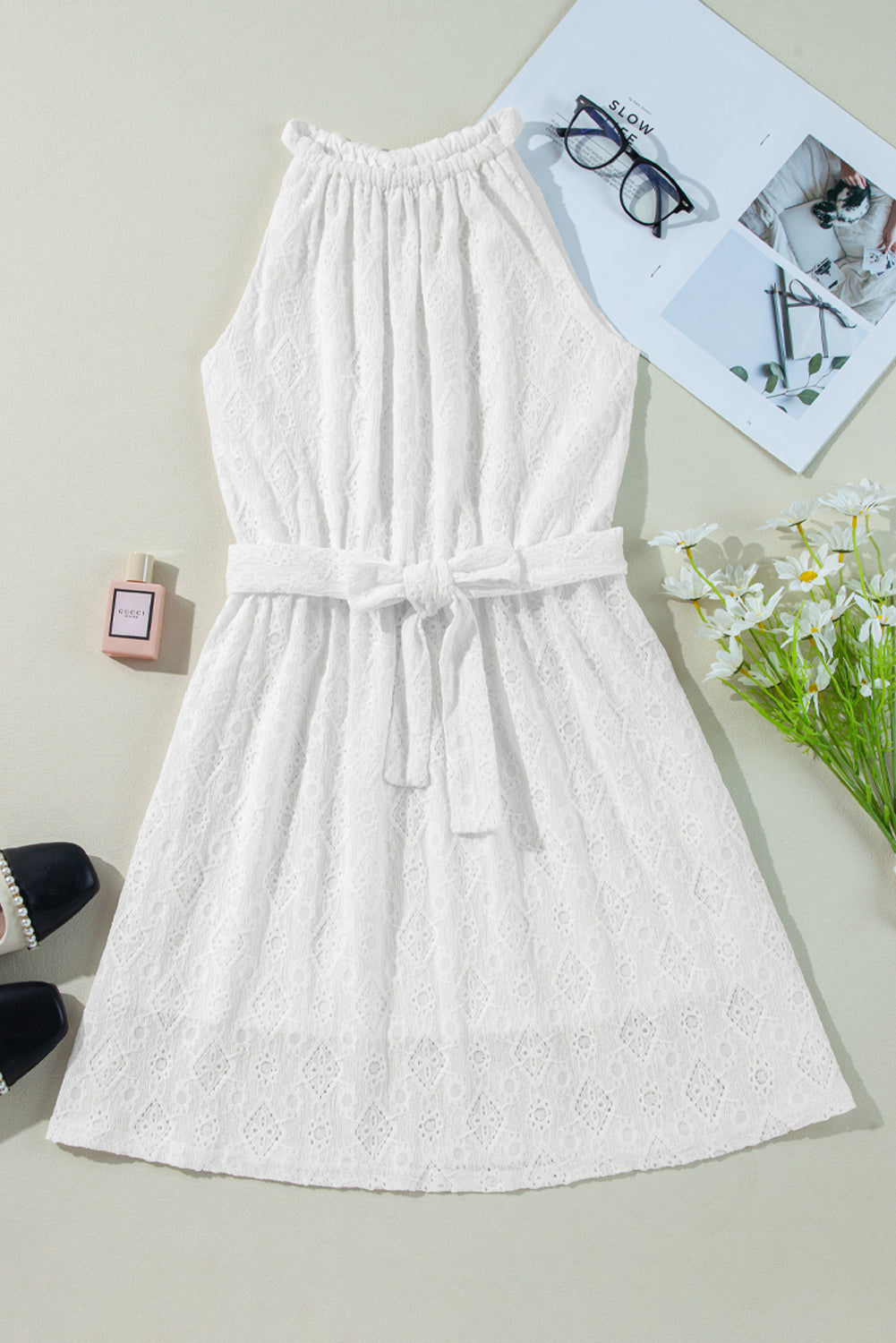 White Lace Sleeveless Knot Hollow Out Back Tied Waist Mini Dress eAura