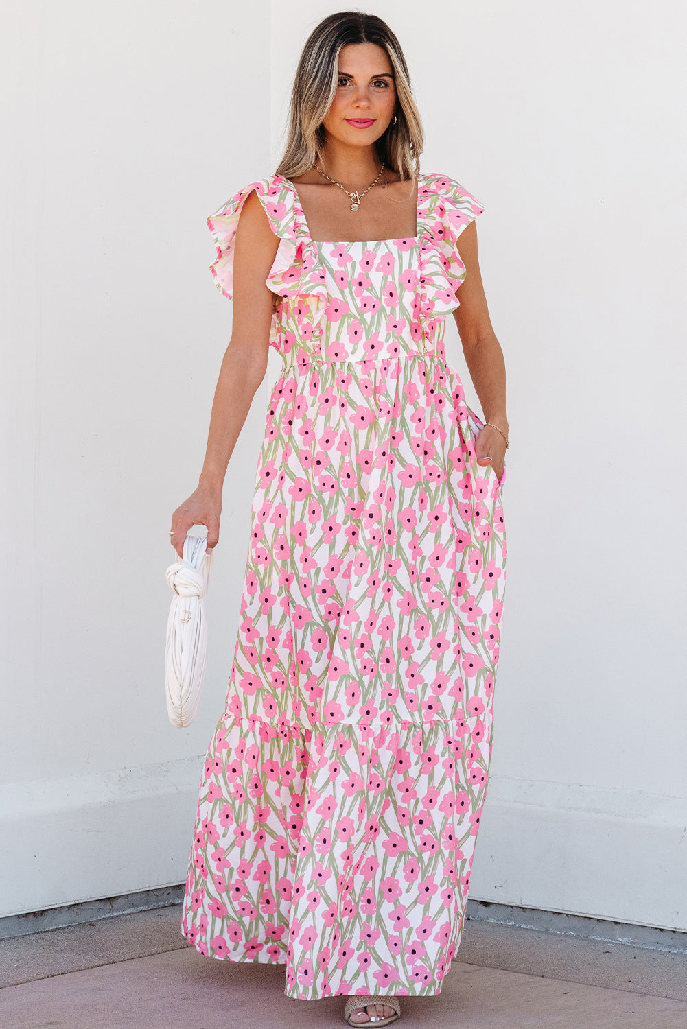 Pink Floral Print Square Neck Ruffled Strap Maxi Dress eAura
