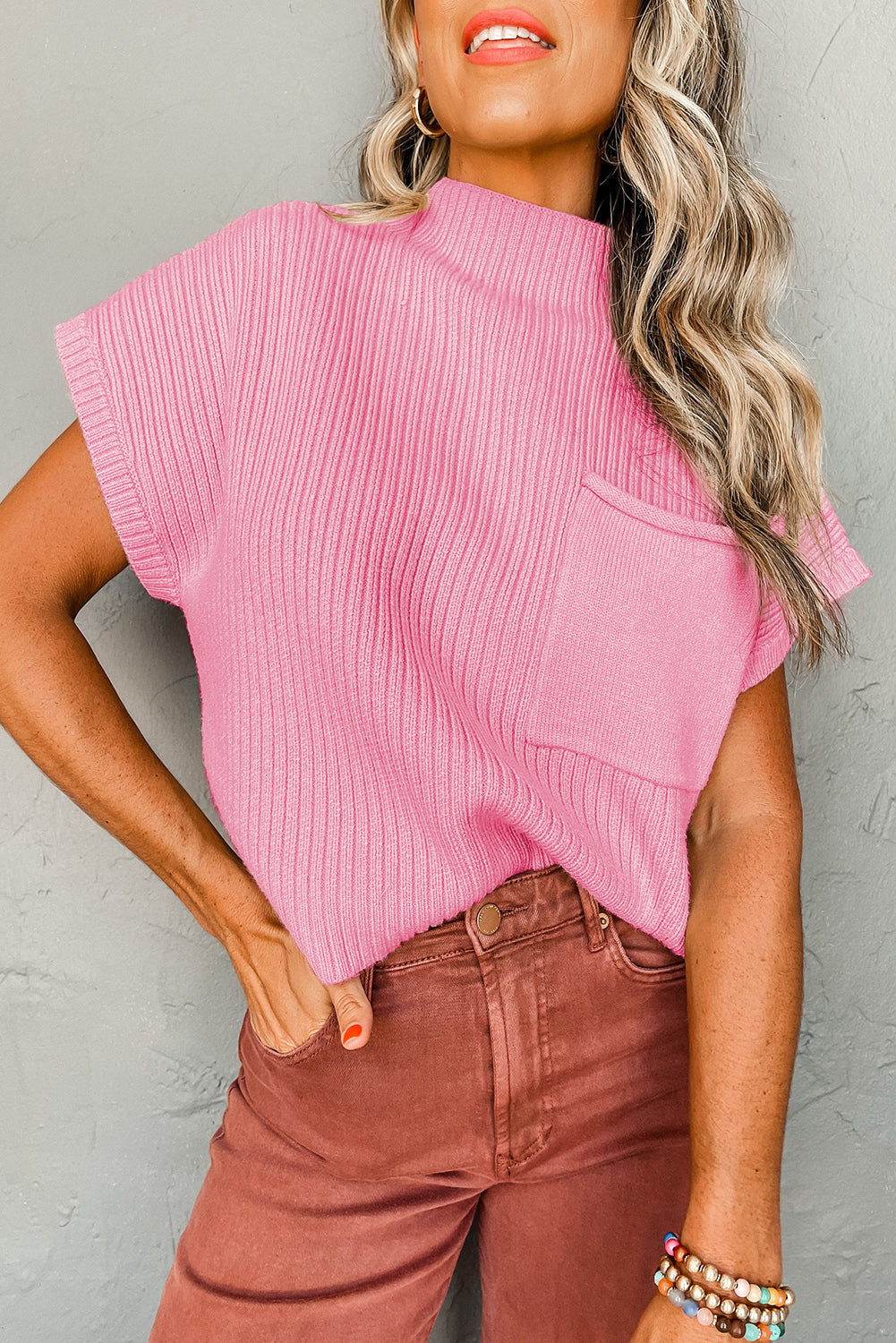 Black Patch Pocket Ribbed Knit Short Sleeve Sweater eAura