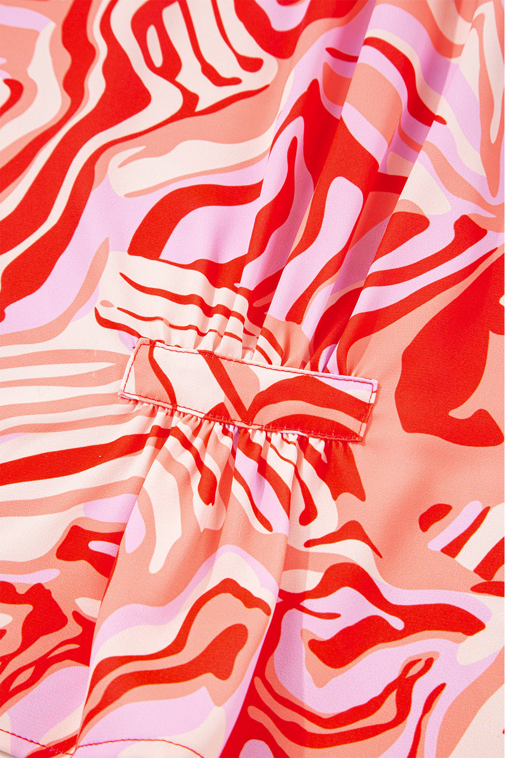 Red Abstract Print Ruffled Short Sleeve Mock Neck Blouse eAura