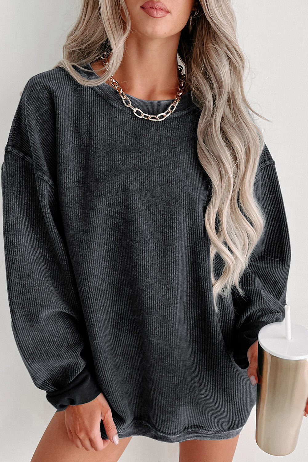 Green Solid Ribbed Knit Round Neck Pullover Sweatshirt eAura