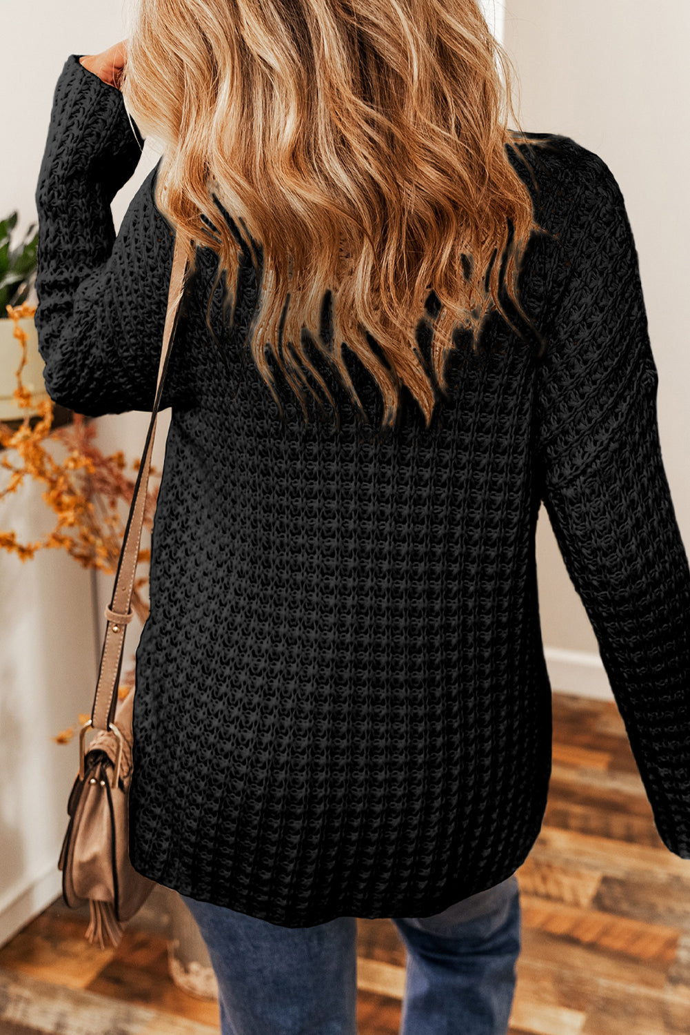 Black Hollow-out Crochet V Neck Sweater eAura