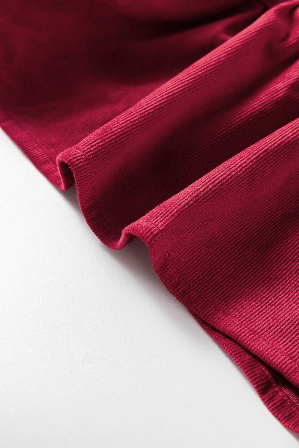 Burgundy Corduroy Ruffle Tiered Buttoned O Neck Shirt eAura