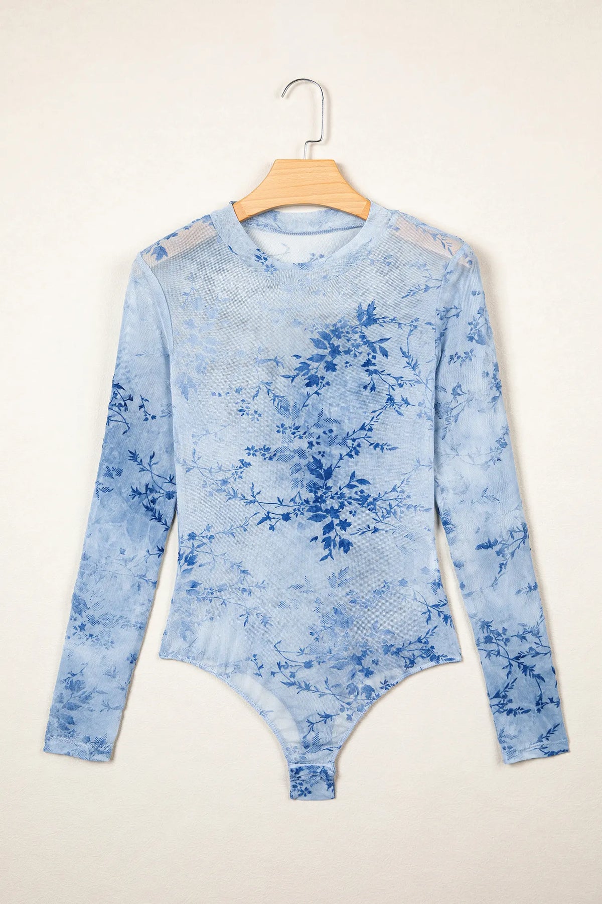 Sky Blue Sheer Mesh Floral Printed Mock Neck Long Sleeve Bodysuit – Light Blue