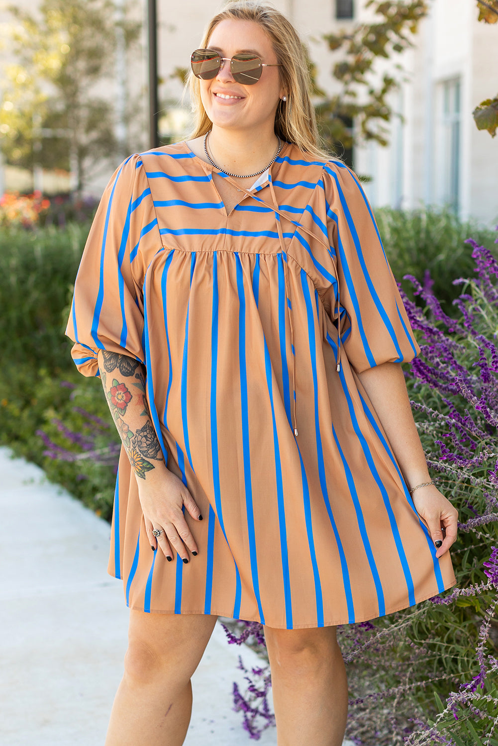 Khaki Stripe Contrast Striped Print 3/4 Sleeve Babydoll Plus Size Dress BB Fashion Outlet