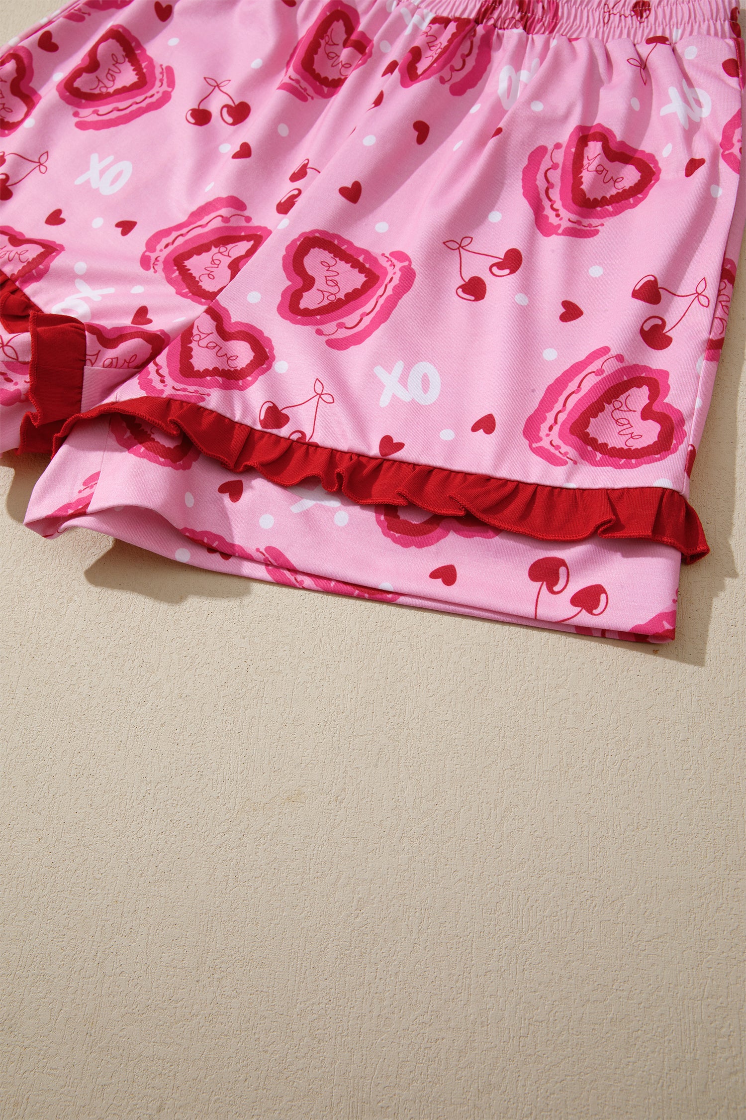 Sweet Heart Cake Print Contrast Ruffle Trim Valentines 2pcs Pajama Set – Pink