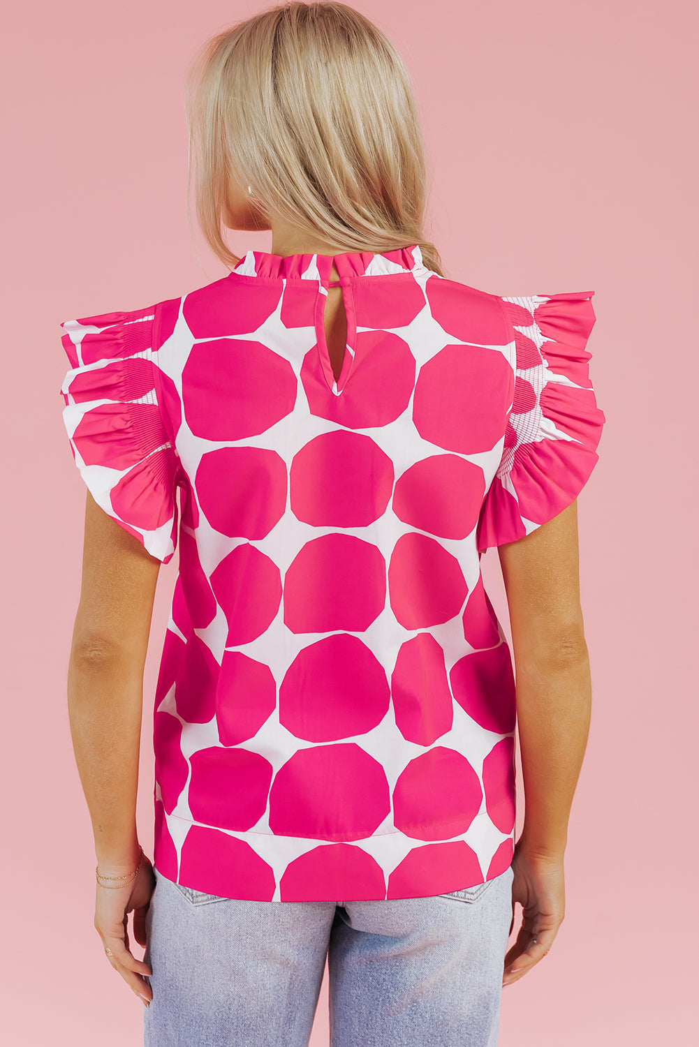 Rose Bubblegum Pattern Frilled Collar Flutter Sleeve Top eAura