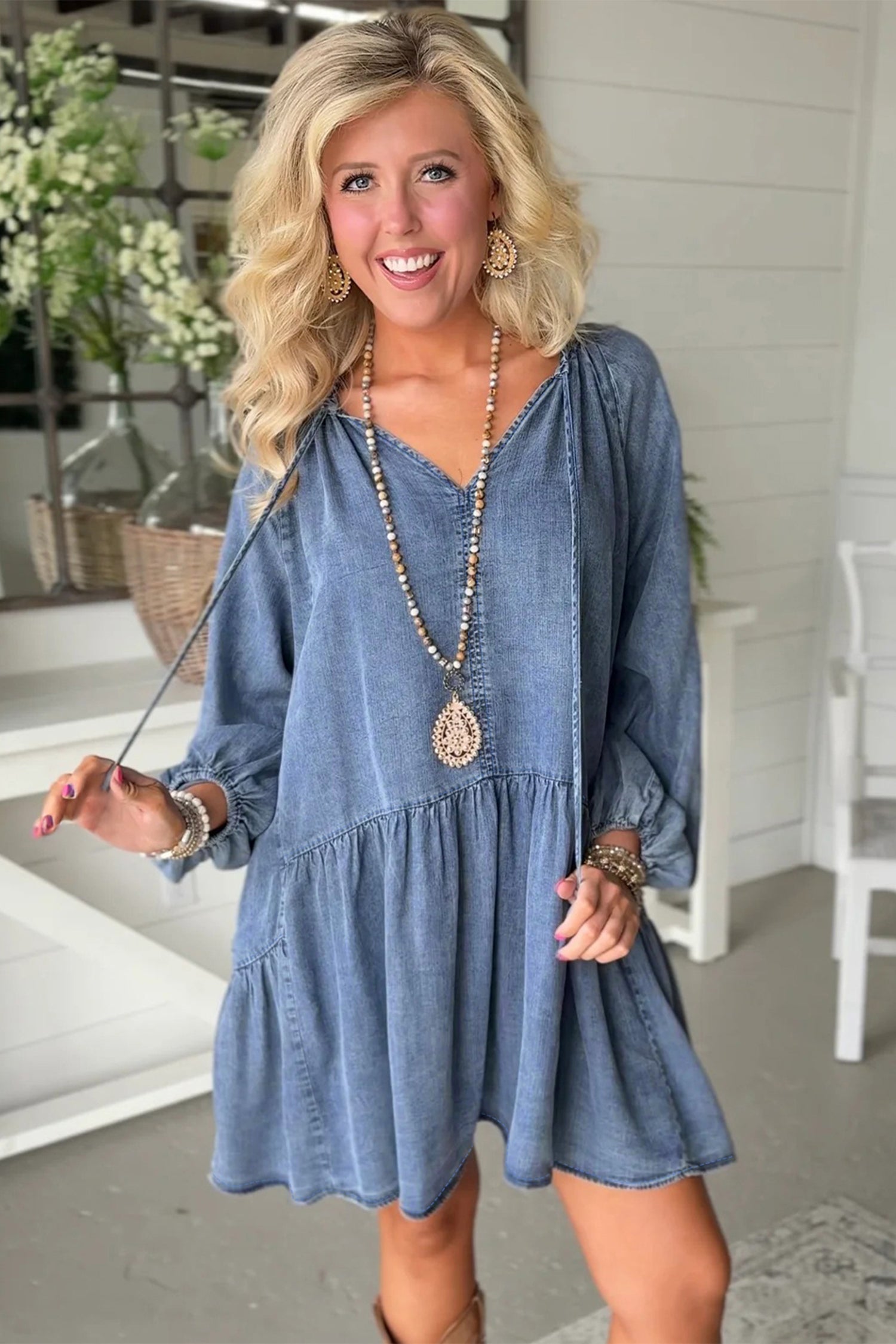 Puff Sleeve V-Neck Ruffled Loose Denim Mini Dress