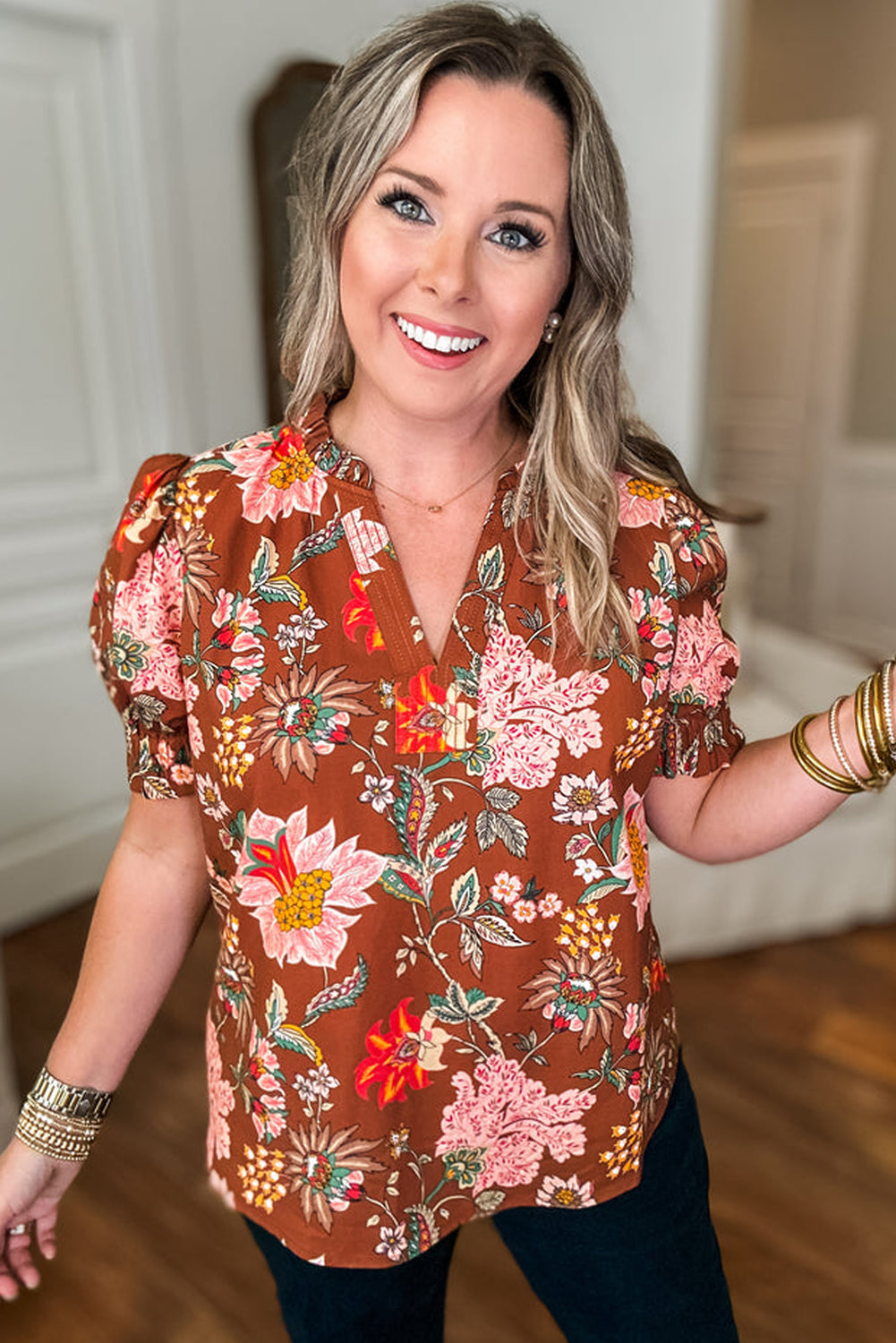 Brown Floral Stitched V Neck Frilled Trim Puff Short Sleeve Blouse BB Fashion Outlet