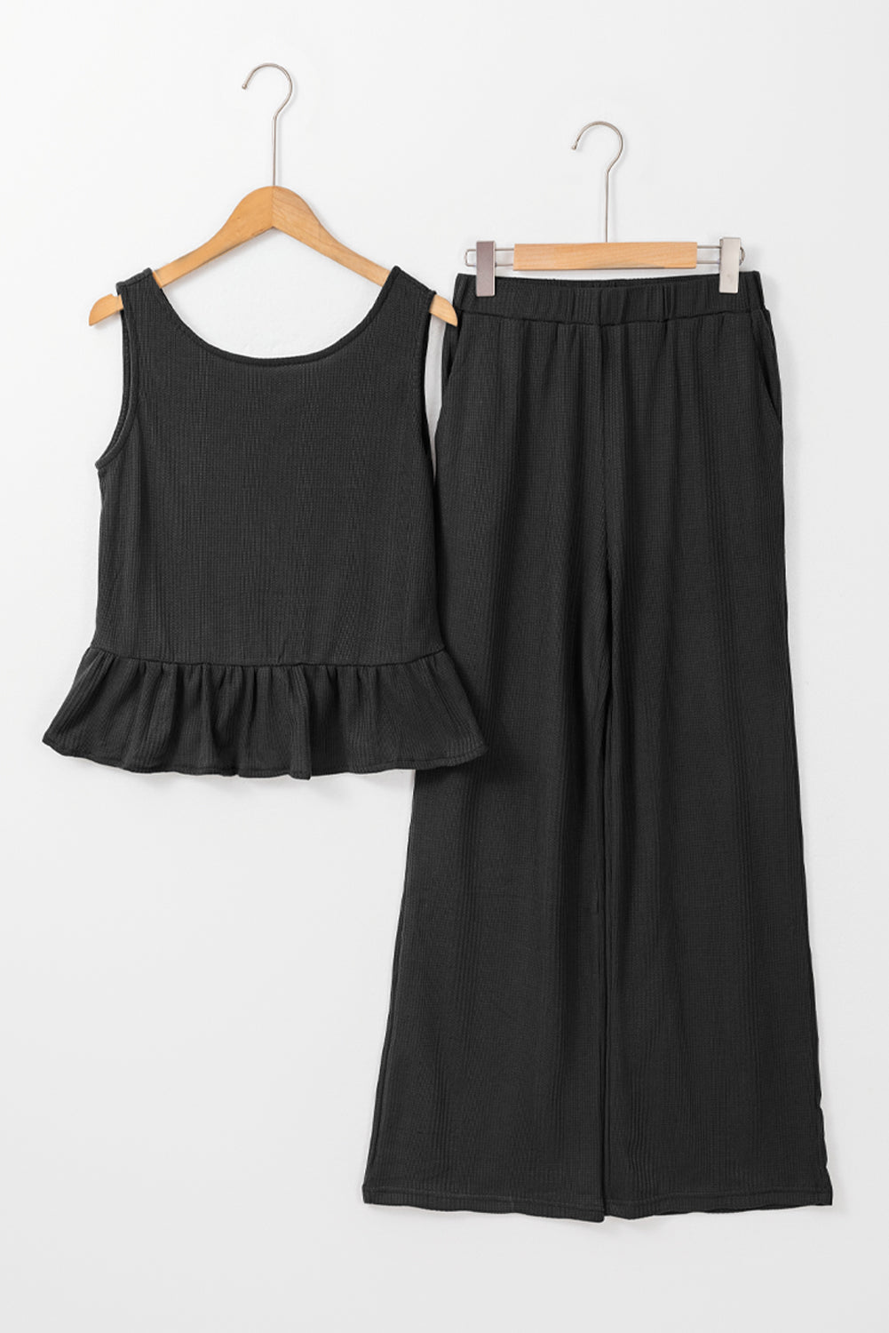 Duffel Green Solid Colour Ribbed Ruffle Tank Top and Trousers Set eAura
