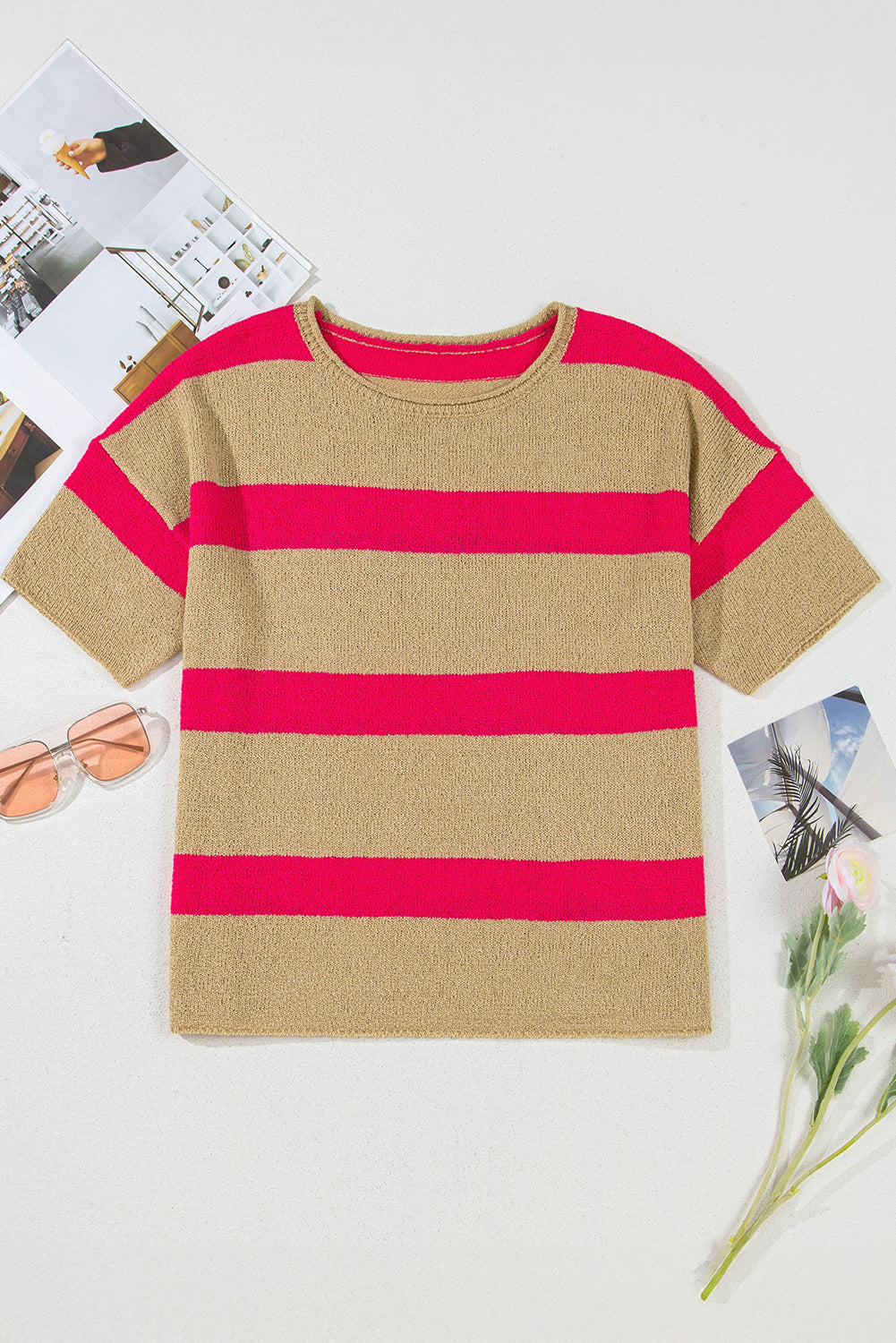 Pink Stripe Short Sleeve Lightweight Sweater eAura