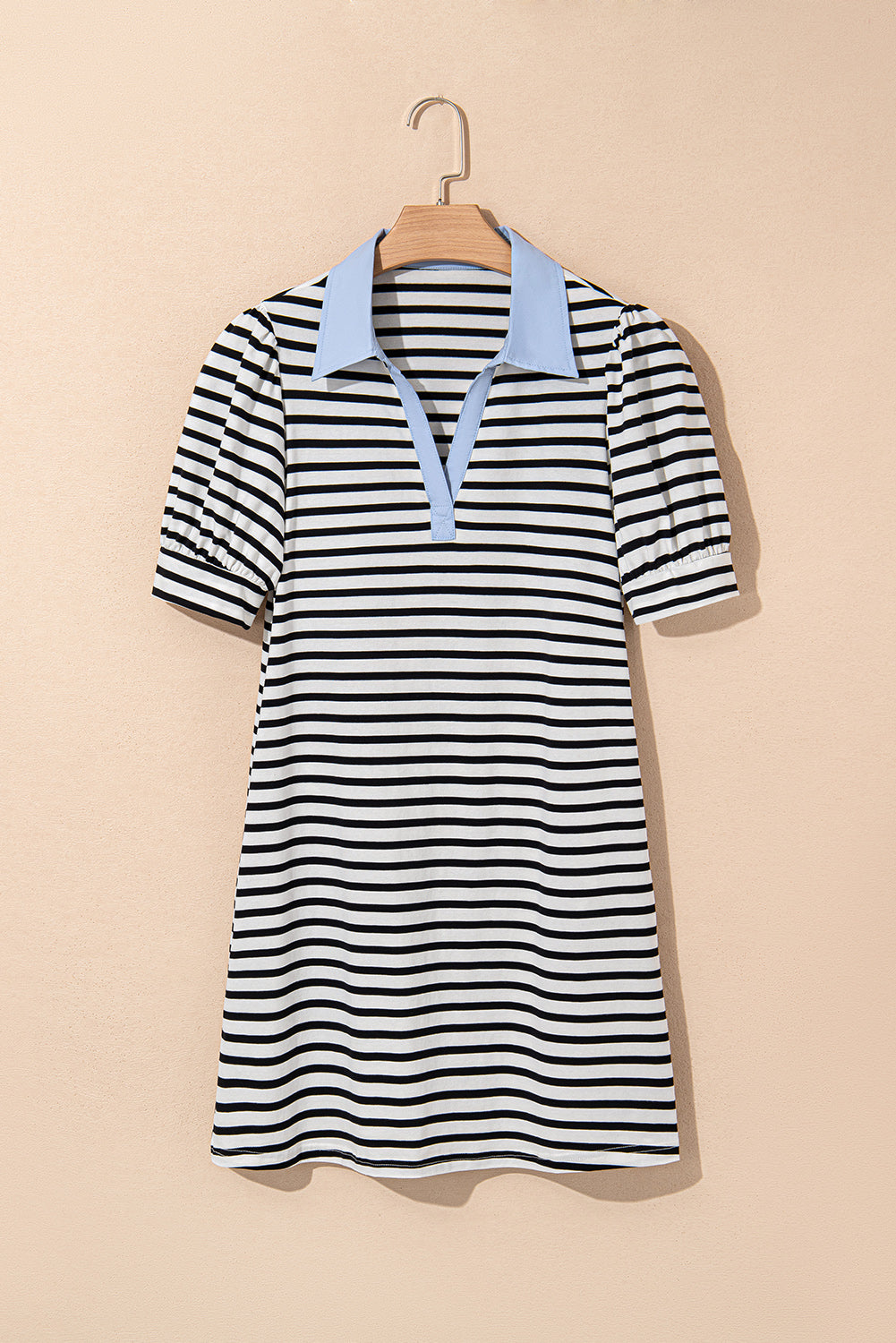 Black Stripe Contrast V Neck Collared T-Shirt Mini Dress with Pockets eAura