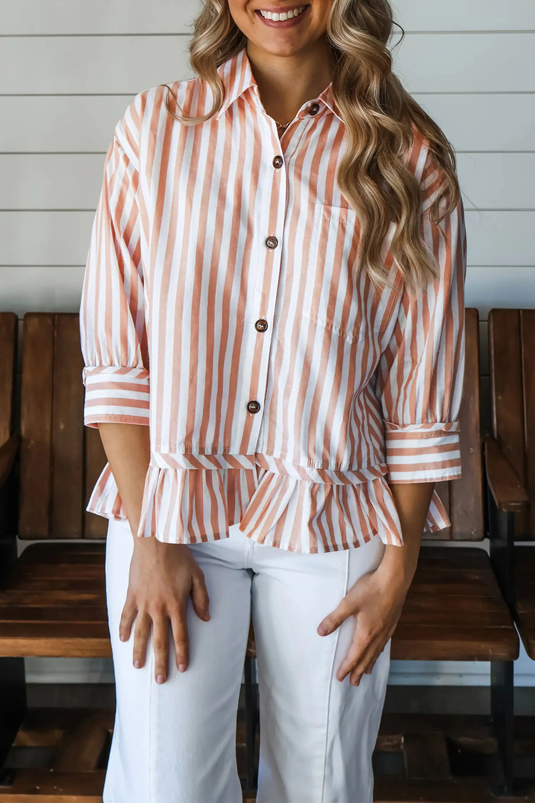 Button Front Ruffle Hem Bracelet Sleeve Shirt – Khaki Stripe