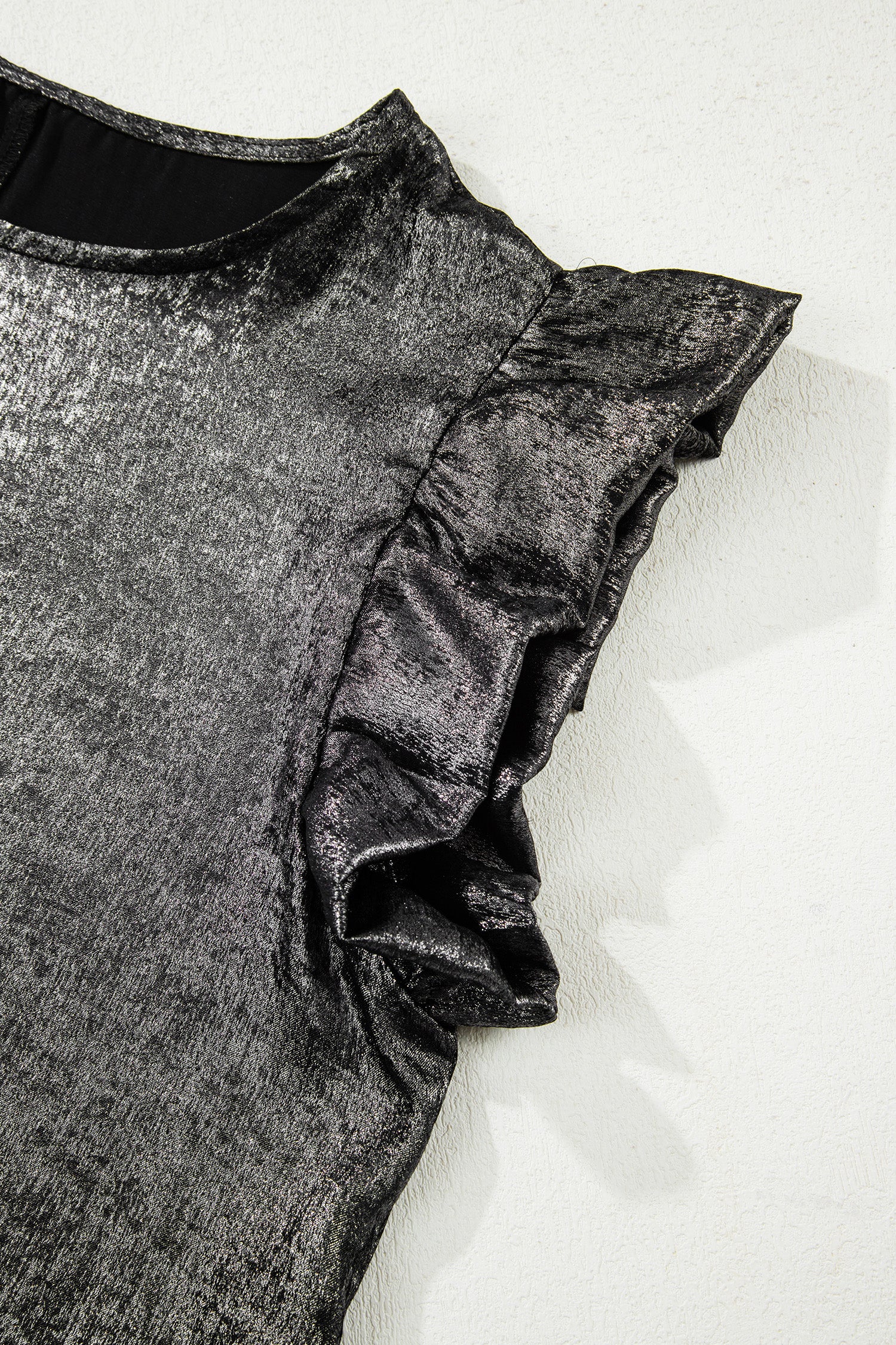 Metallic Round Neck Ruffle Trim Sleeveless Top