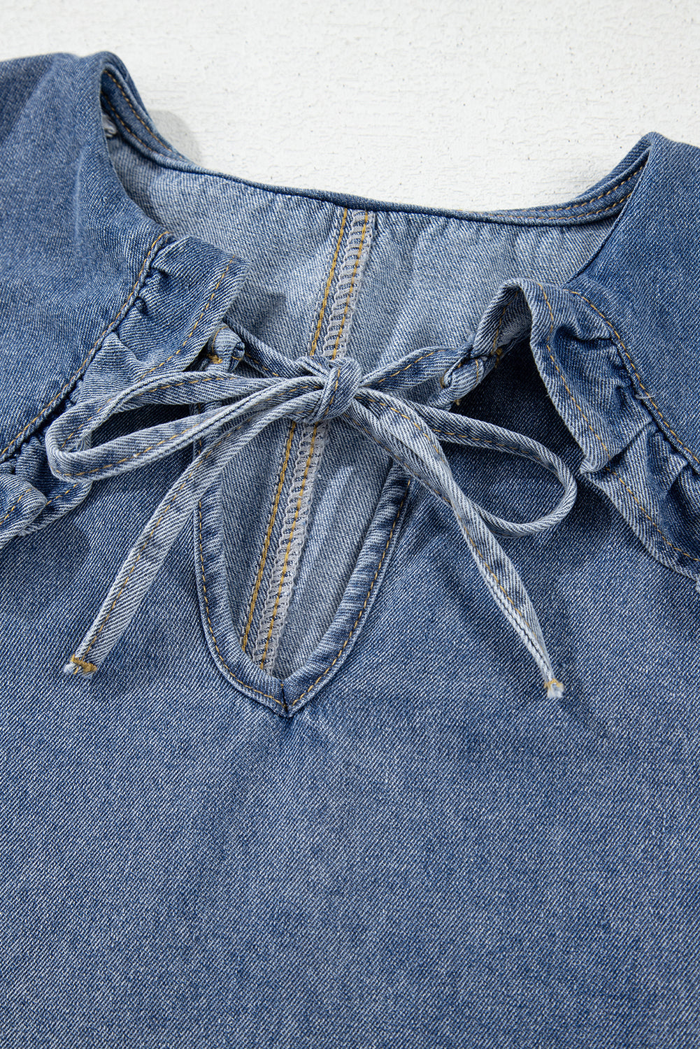 Dusk Blue Ruffled Collared Side Pockets Puff Sleeve Denim Mini Dress eAura