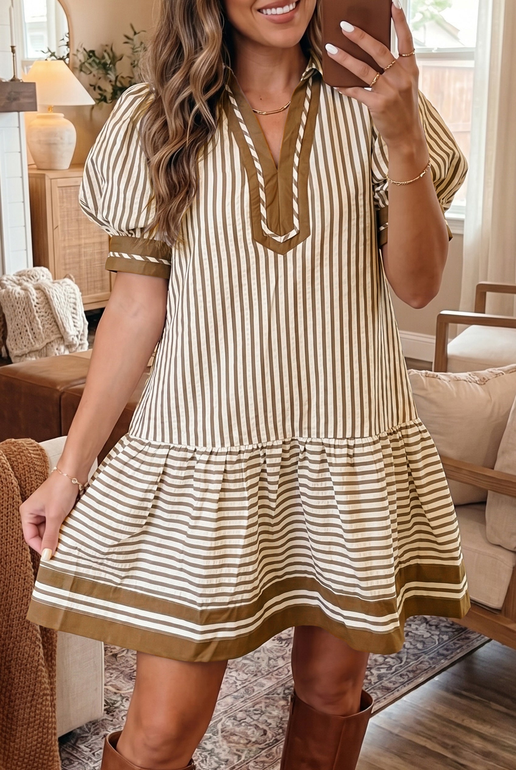 Shirt Collar Color Block Patchwork Trim Ruffle Hem Short Dress – Brown Stripe