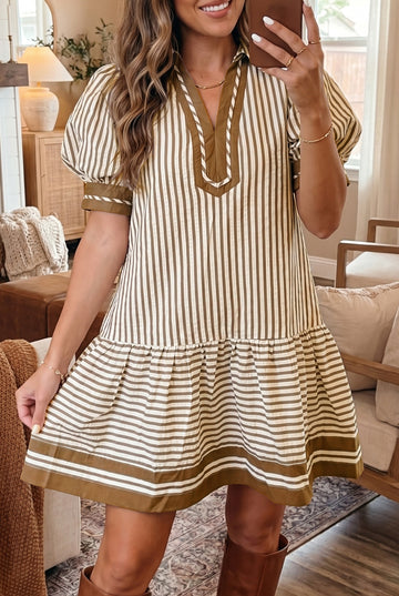 Shirt Collar Color Block Patchwork Trim Ruffle Hem Short Dress – Brown Stripe