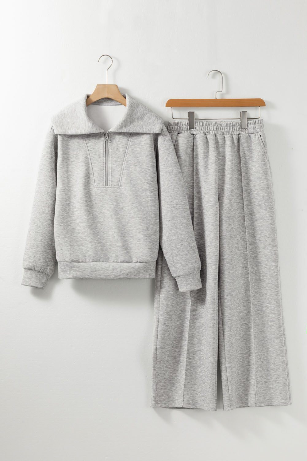 Solid Zip Sailor Collar Pullover Athleisure Sweatpants 2pcs Set – Light Grey