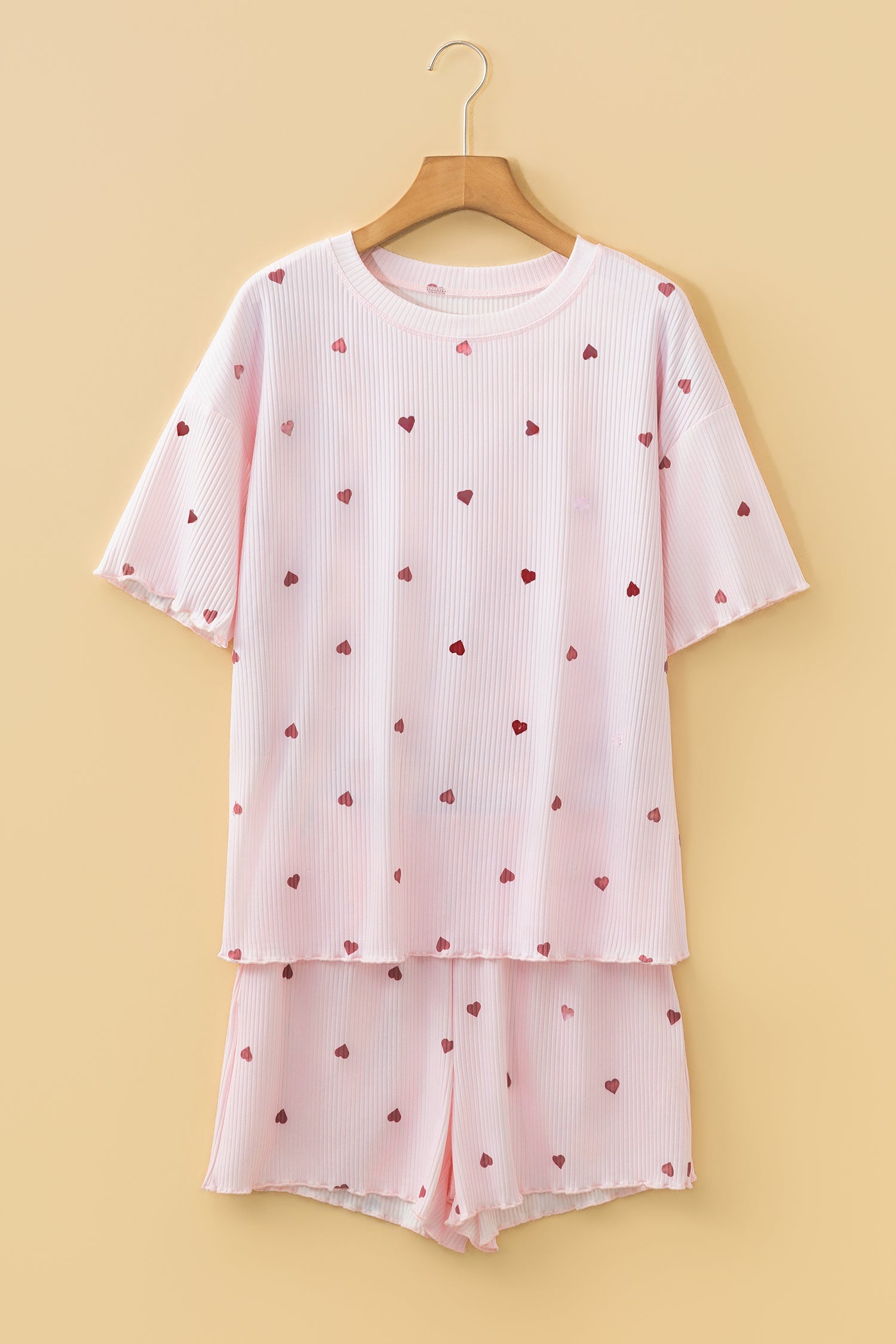Valentine Heart Shape Print Ribbed Knit Short Lounge Set – Light Pink