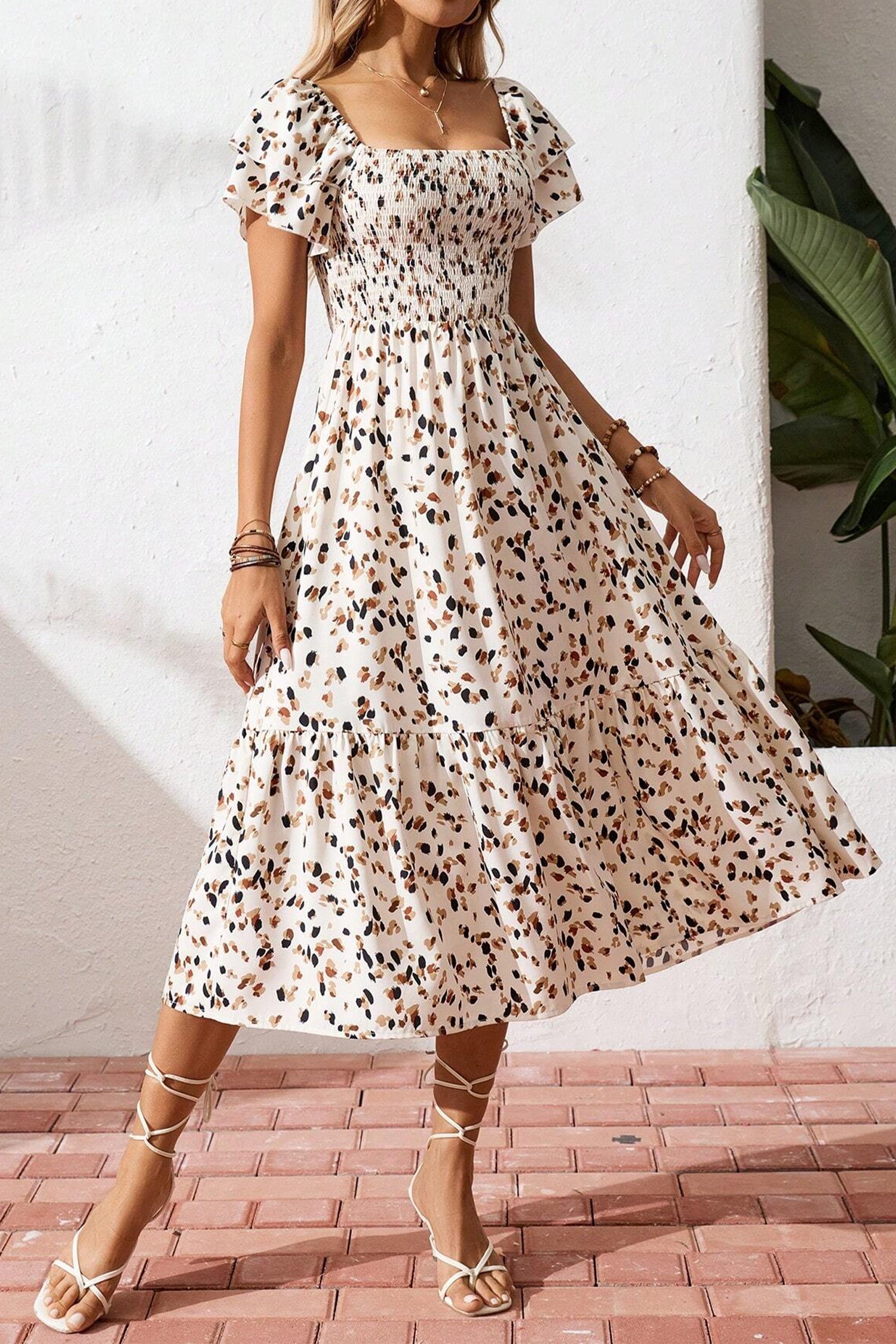Ditsy Floral Smocked Square Neck Ruffle Sleeve Midi Dress