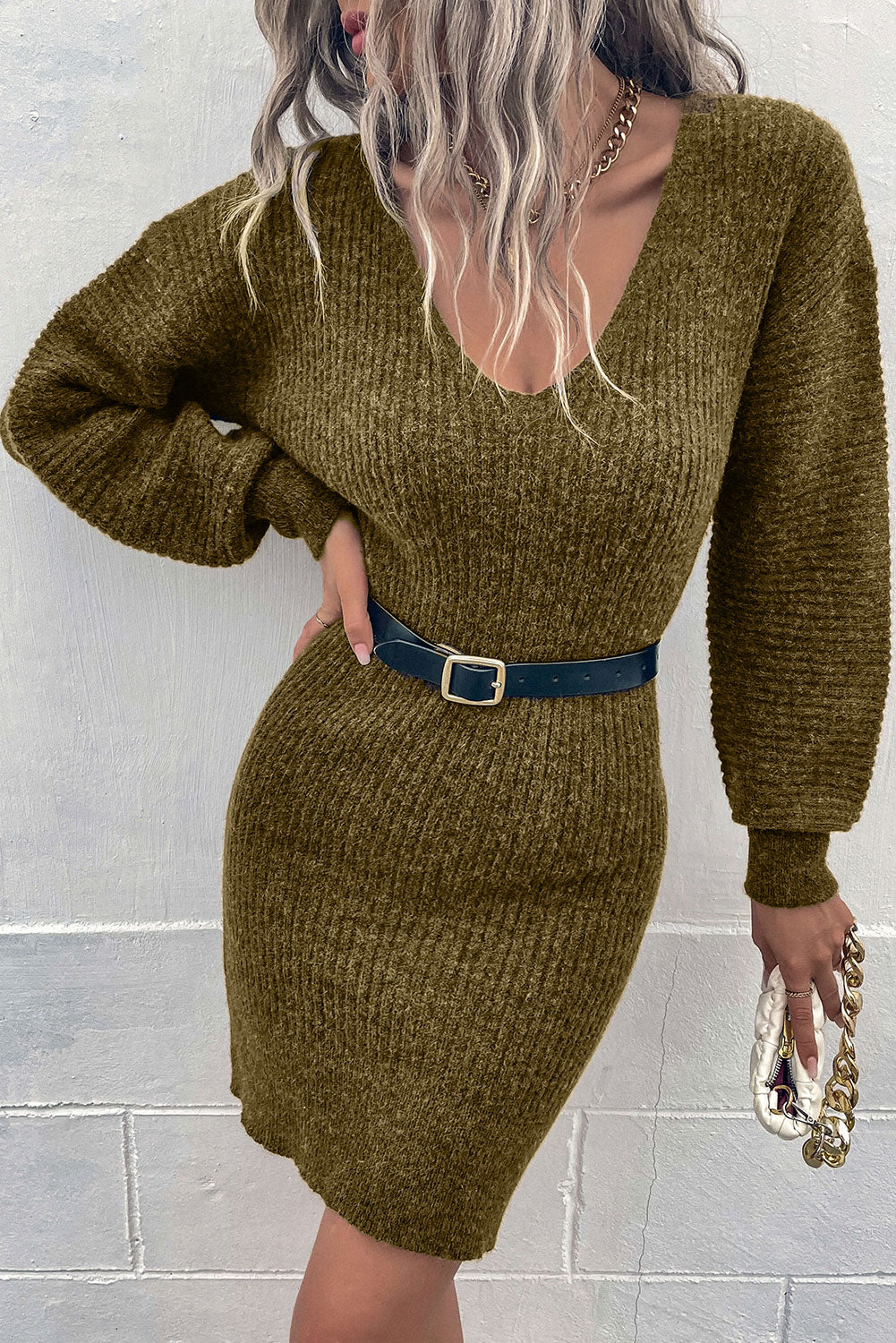 Grey V Neck Bodycon Sweater Dress eAura