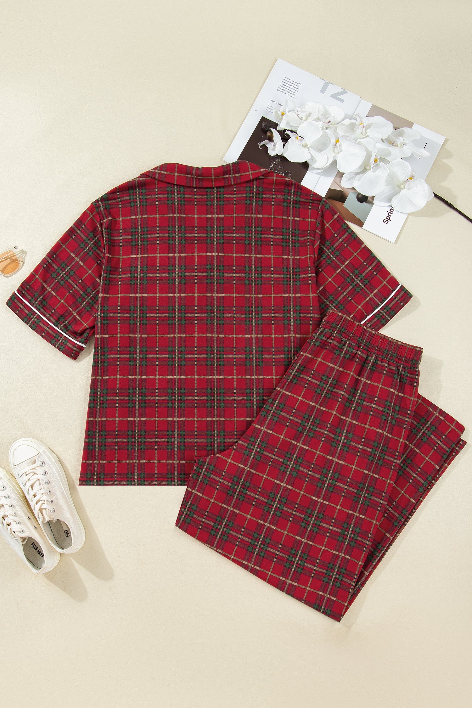 Plus Size Plaid Short Sleeve Shirt Pyjama Set - eAura