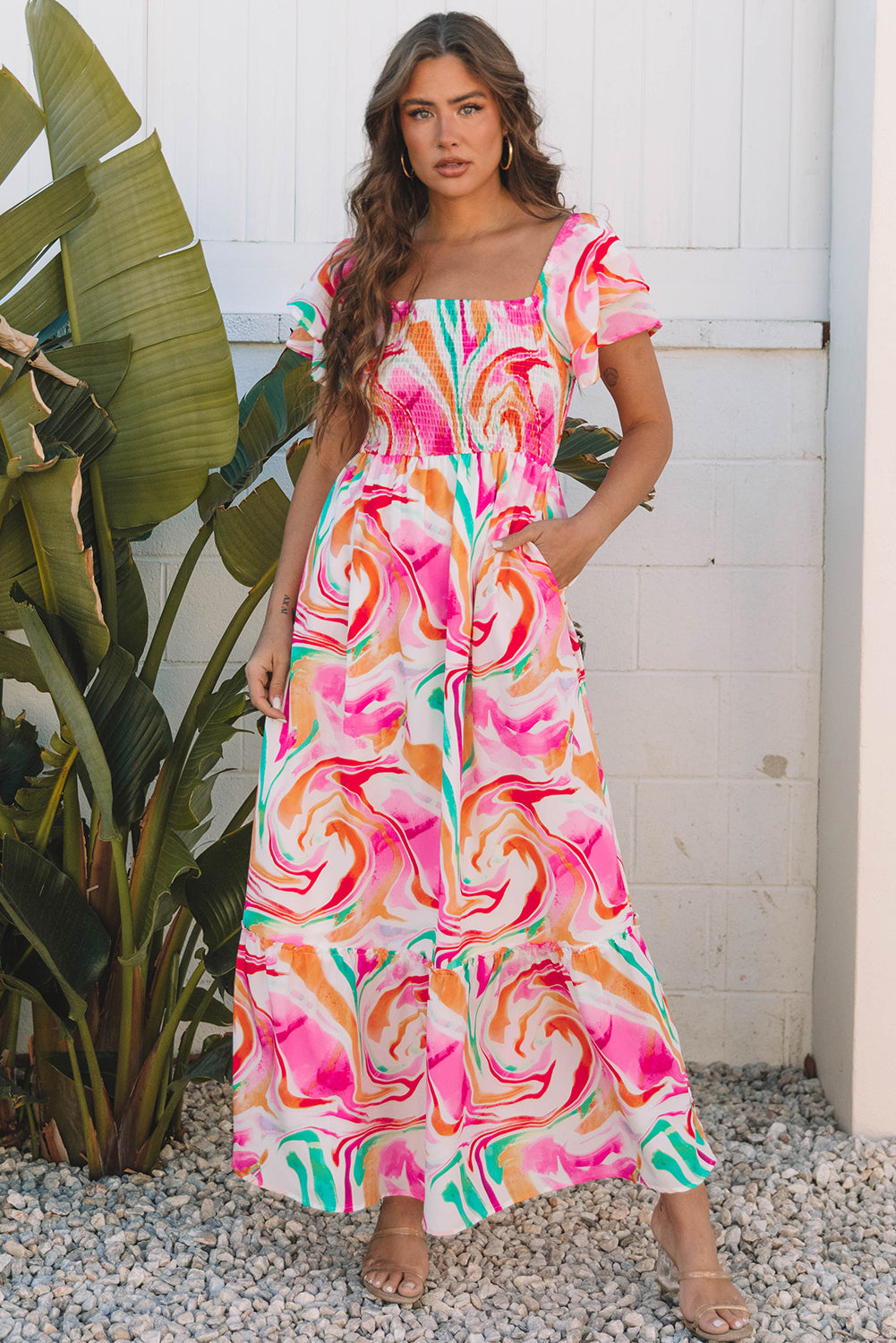 Pink Abstract Print Ruffled Sleeve Smocked Bust Maxi Dress eAura