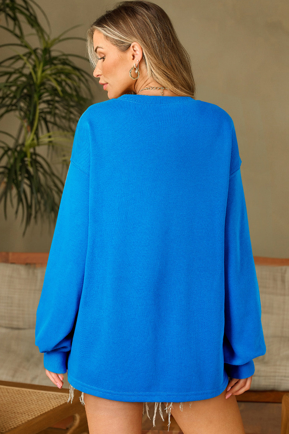 Sky Blue Solid Colour Drop Shoulder Long Sleeve Basic Sweatshirt eAura