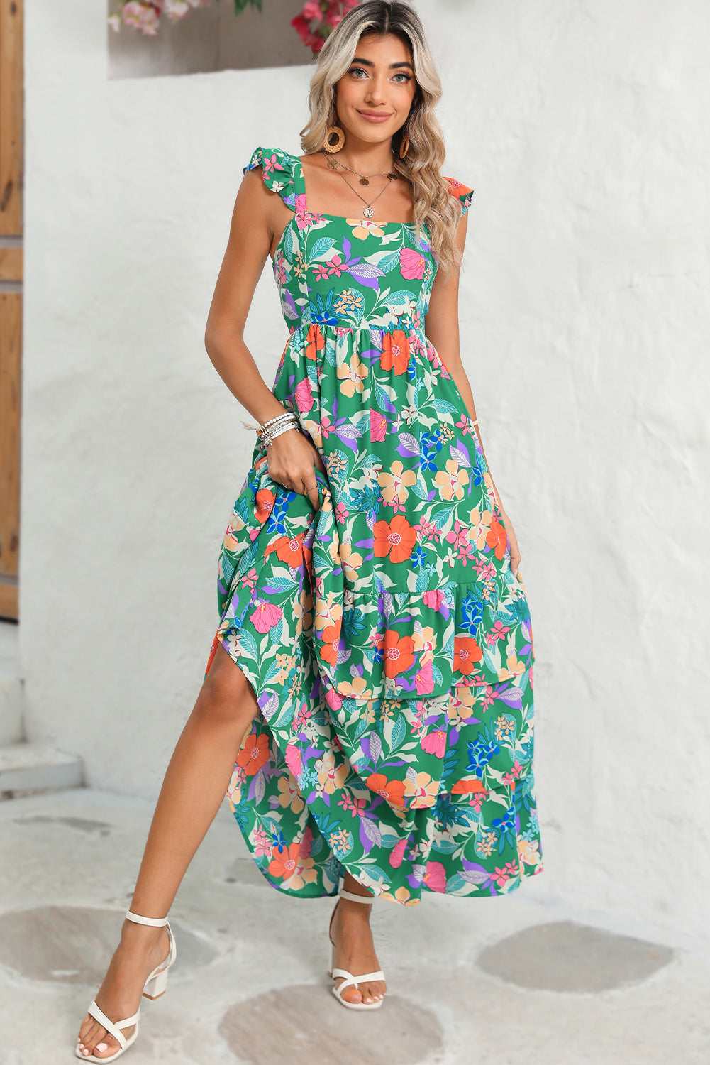 Floral Print Ruffle Sleeveless Tiered Maxi Dress