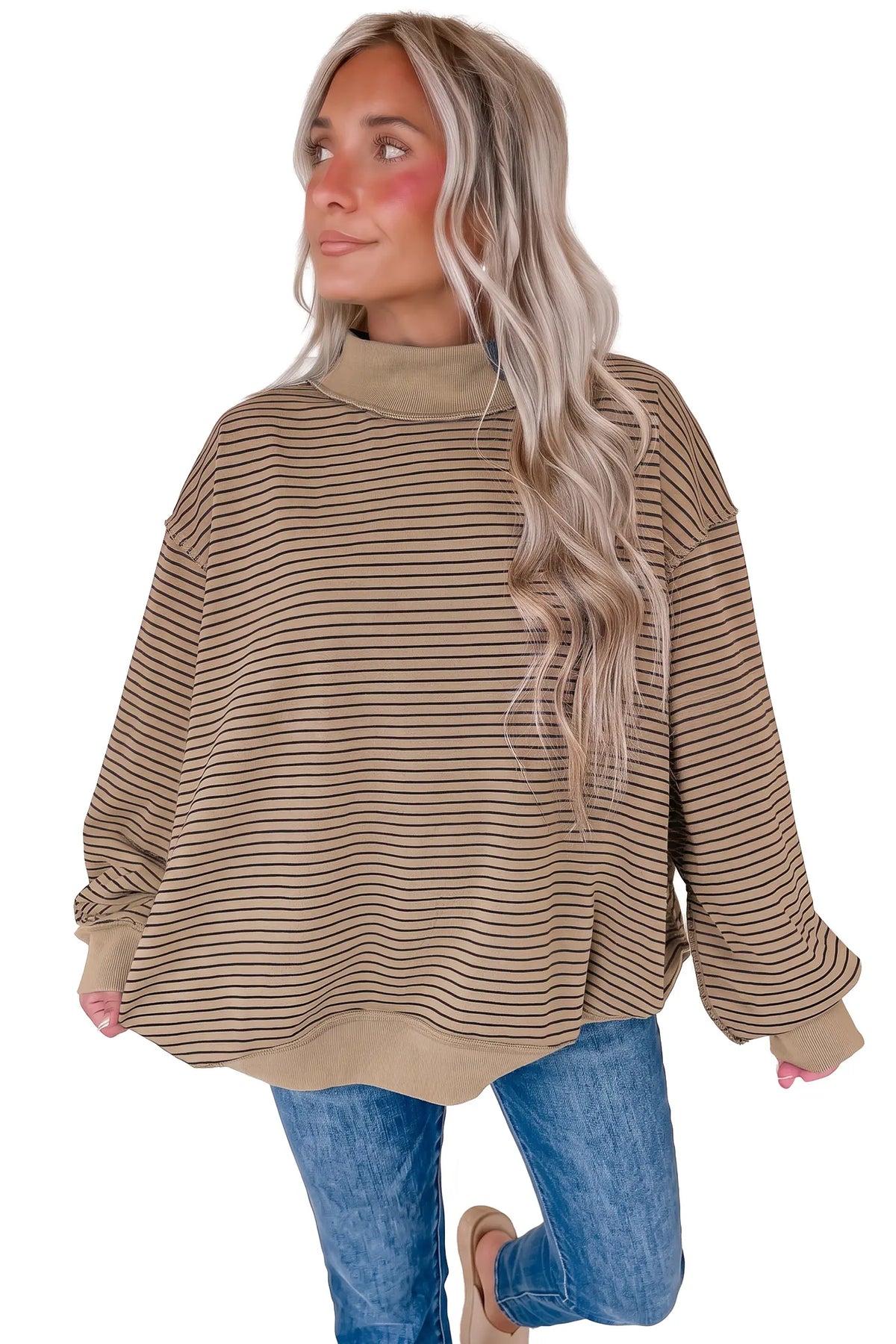 Oversized Sweatshirt with Mock Neck, Stripe Ribbed Colour Block