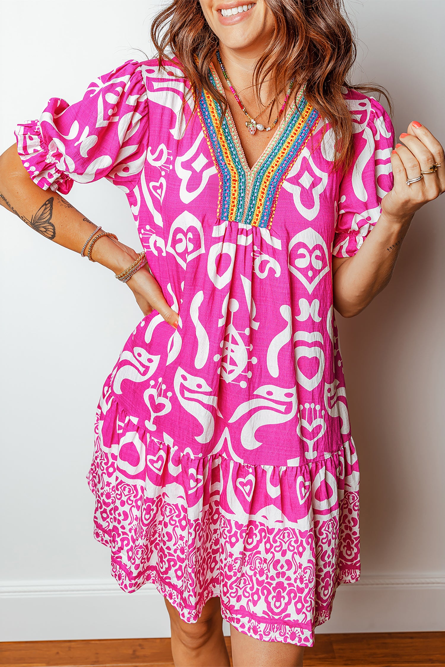 Boho Mixed Print Contrast Trim V-Neck Short Sleeve Flared Dress