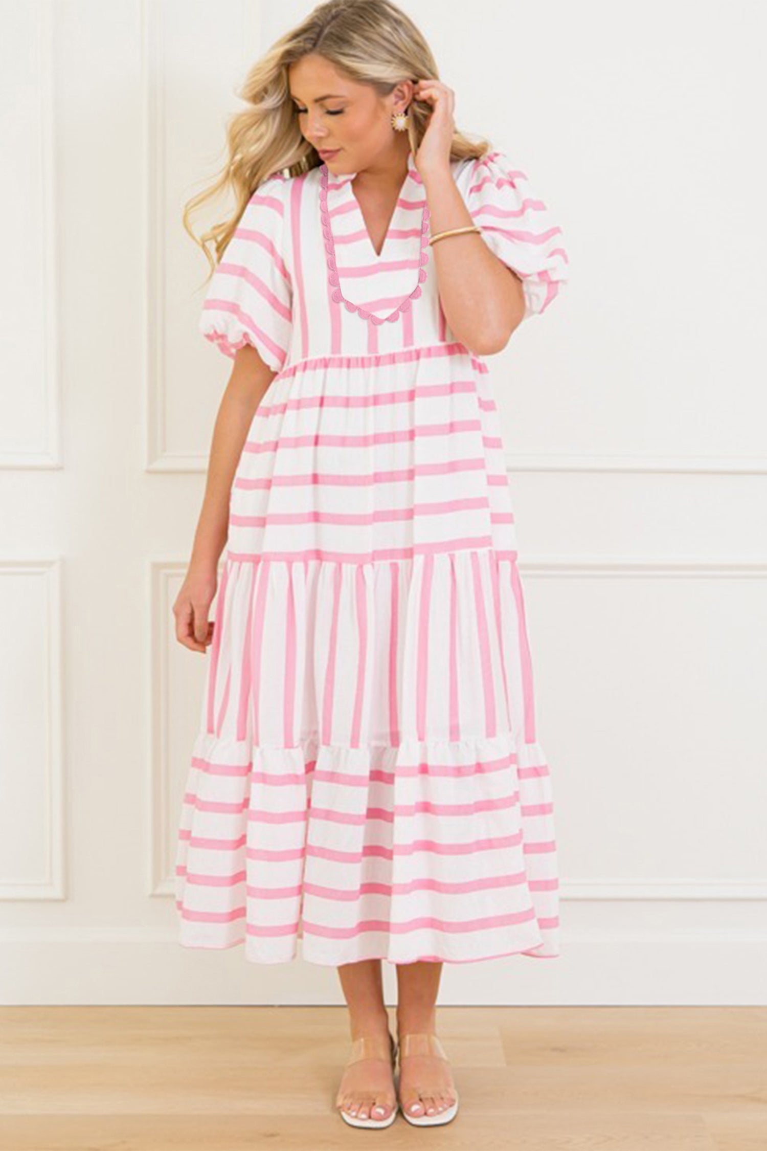 Stripe RicRac Trim Notched Neck Half Sleeve Long Dress