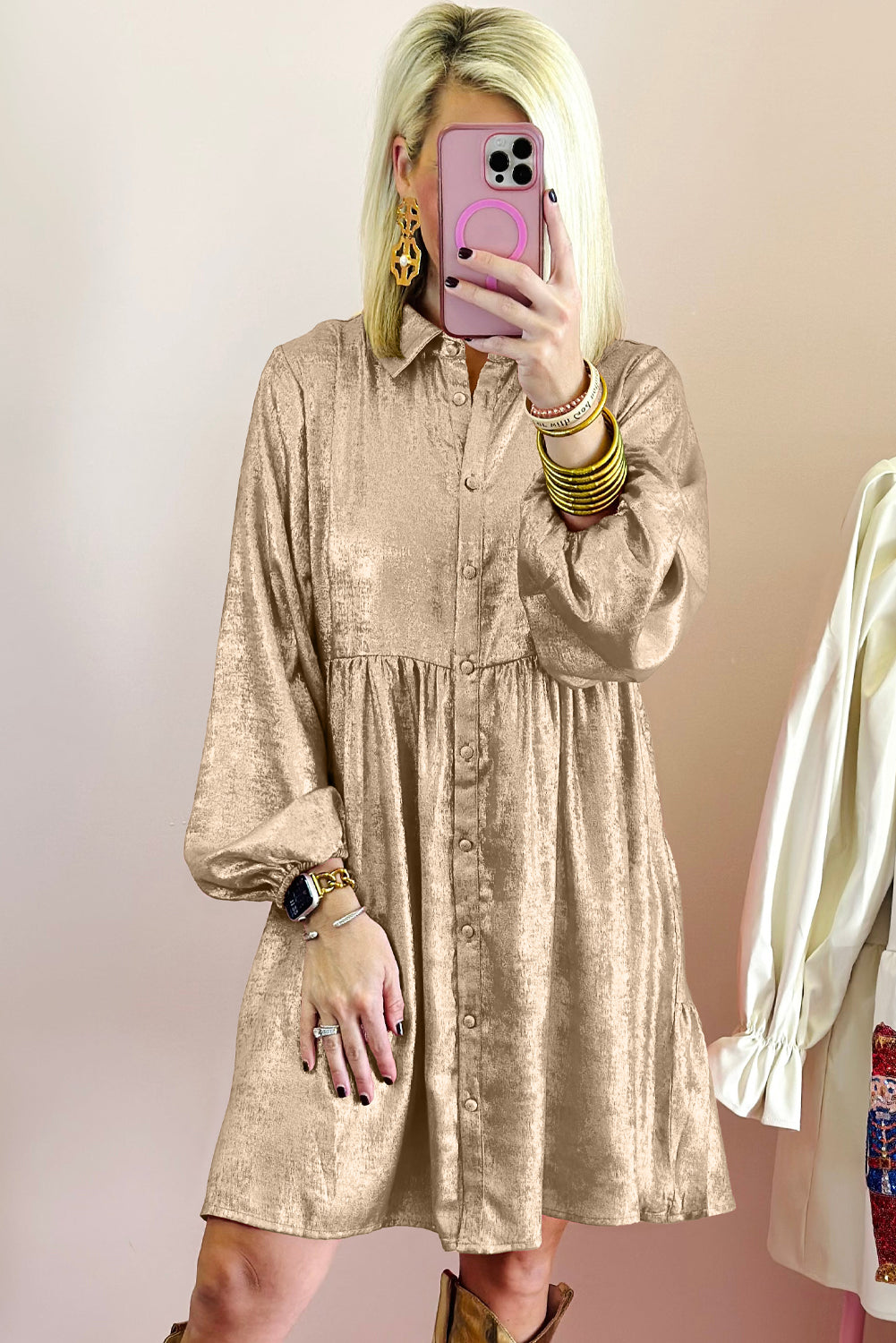 Peach Blossom Metallic Sheen Puff Sleeve Button Up Mini Shirt Dress eAura