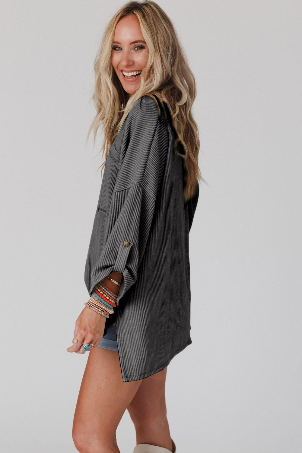 Grey Ribbed Roll-tab Sleeve Chest Pocket Oversize Top eAura