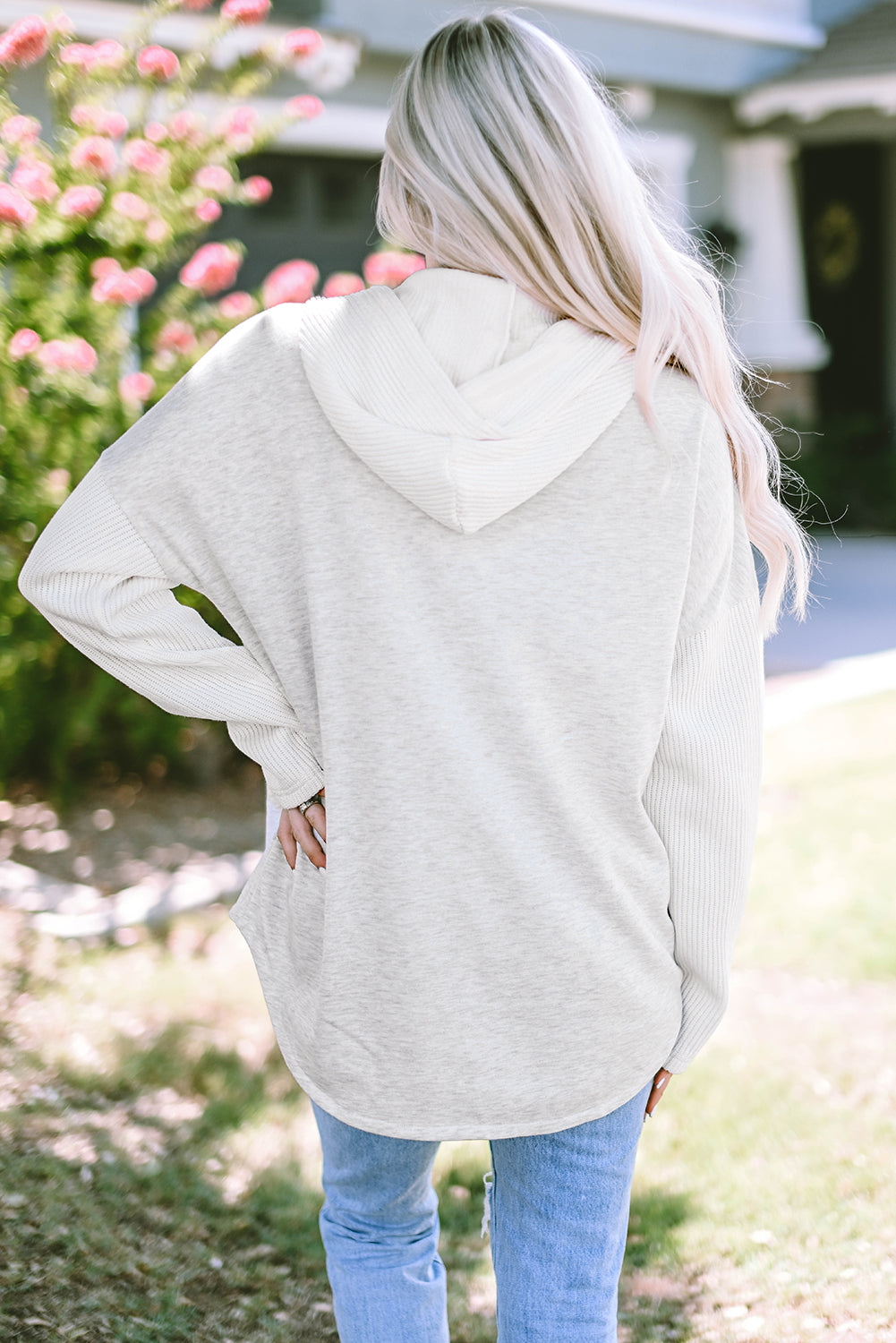 Grey Button Up Contrast Knitted Sleeves Hooded Jacket Beagle Boutique Fashion Outlet