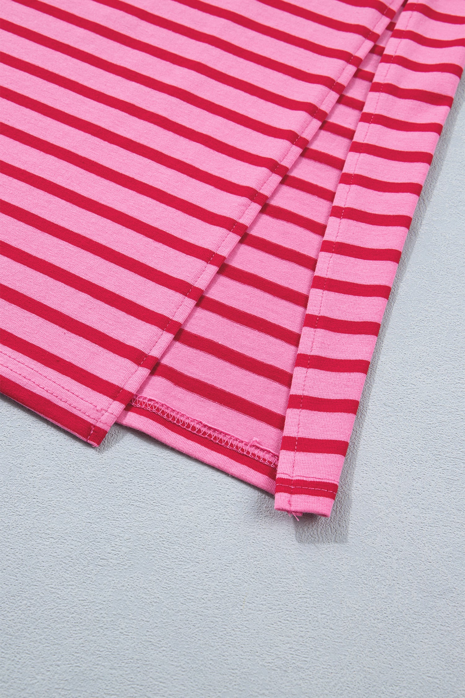 Striped Short Sleeve Scalloped Trim Side Slit T-Shirt Dress – Rose Stripe
