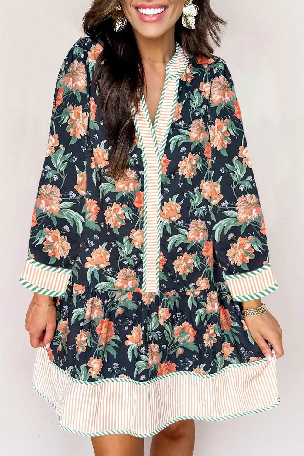 Floral Print Striped Trim V-Neck Long Sleeve Ruffle Hem Shift Mini Dress - eAura