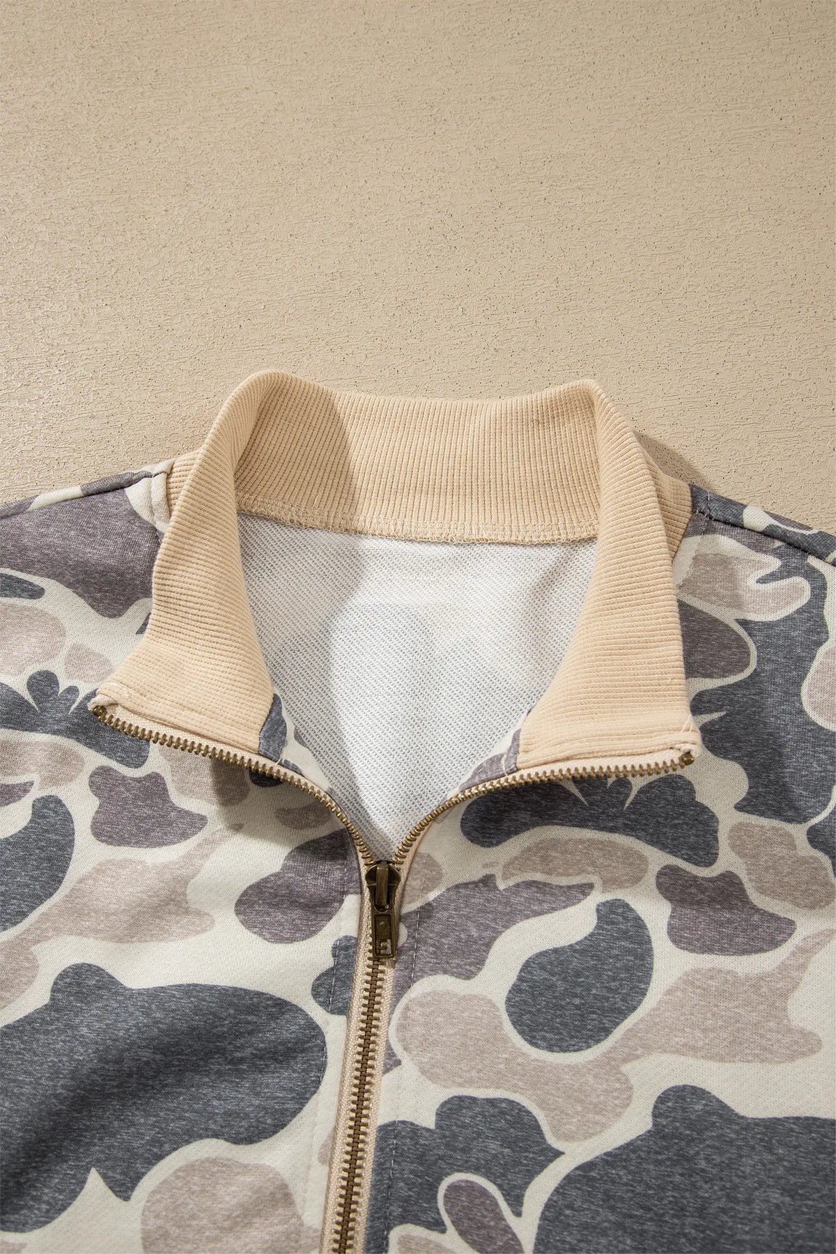 Camouflage Print Colour Block Trim Zip Bomber Sweatshirt – Multicolour
