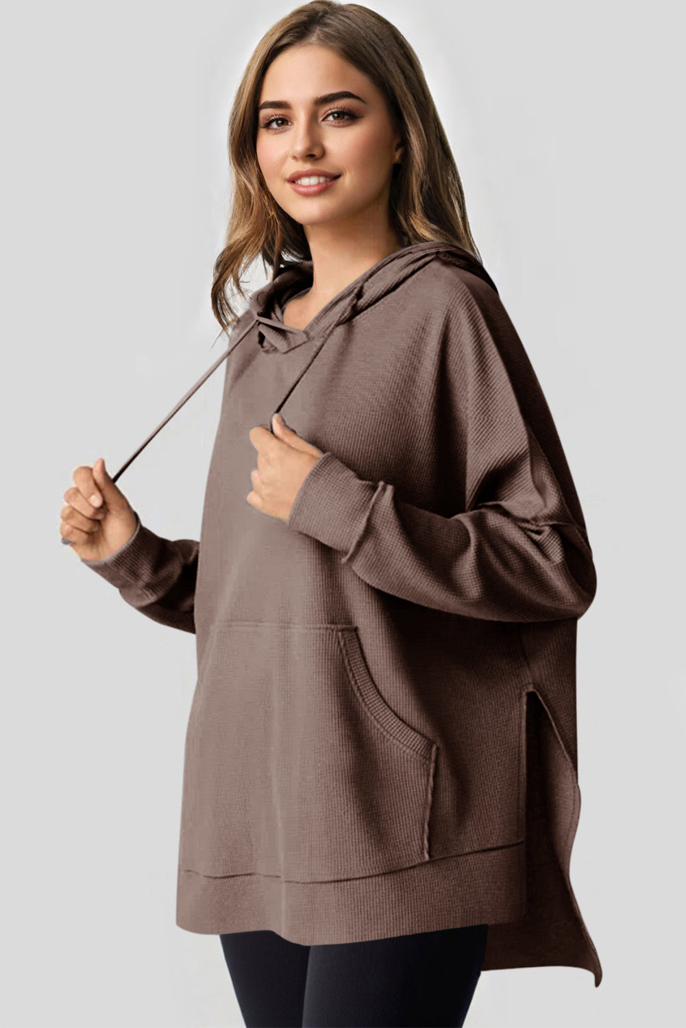 Light Pink Waffle Knit Fleece Lined High Low Oversized Hoodie eAura
