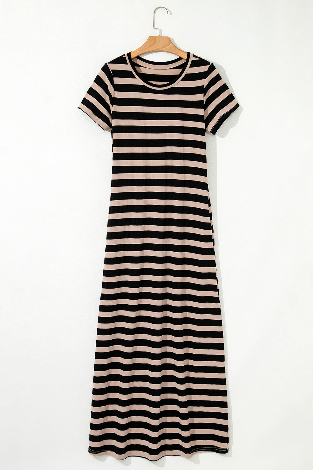 Black Stripe Casual Round Neck T-shirt Maxi Dress with Pockets BB Fashion Outlet